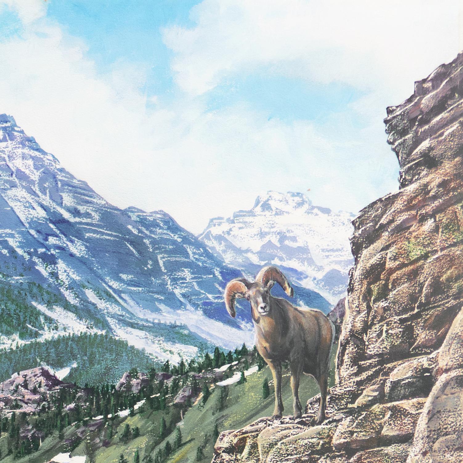 'Bighorn Rams, Rocky Mountains', Idyllwild, California Artist, Nature painter - Gray Animal Painting by Leslie Van Nimwegen
