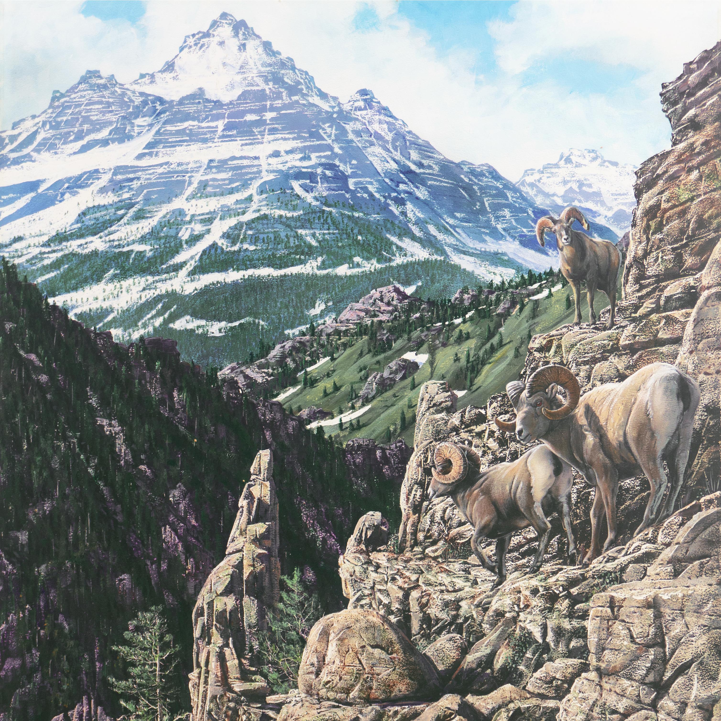 Leslie Van Nimwegen Animal Painting – „Bighorn Rams, Rocky Mountains“, Idyllwild, kalifornischer Künstler, Naturmaler
