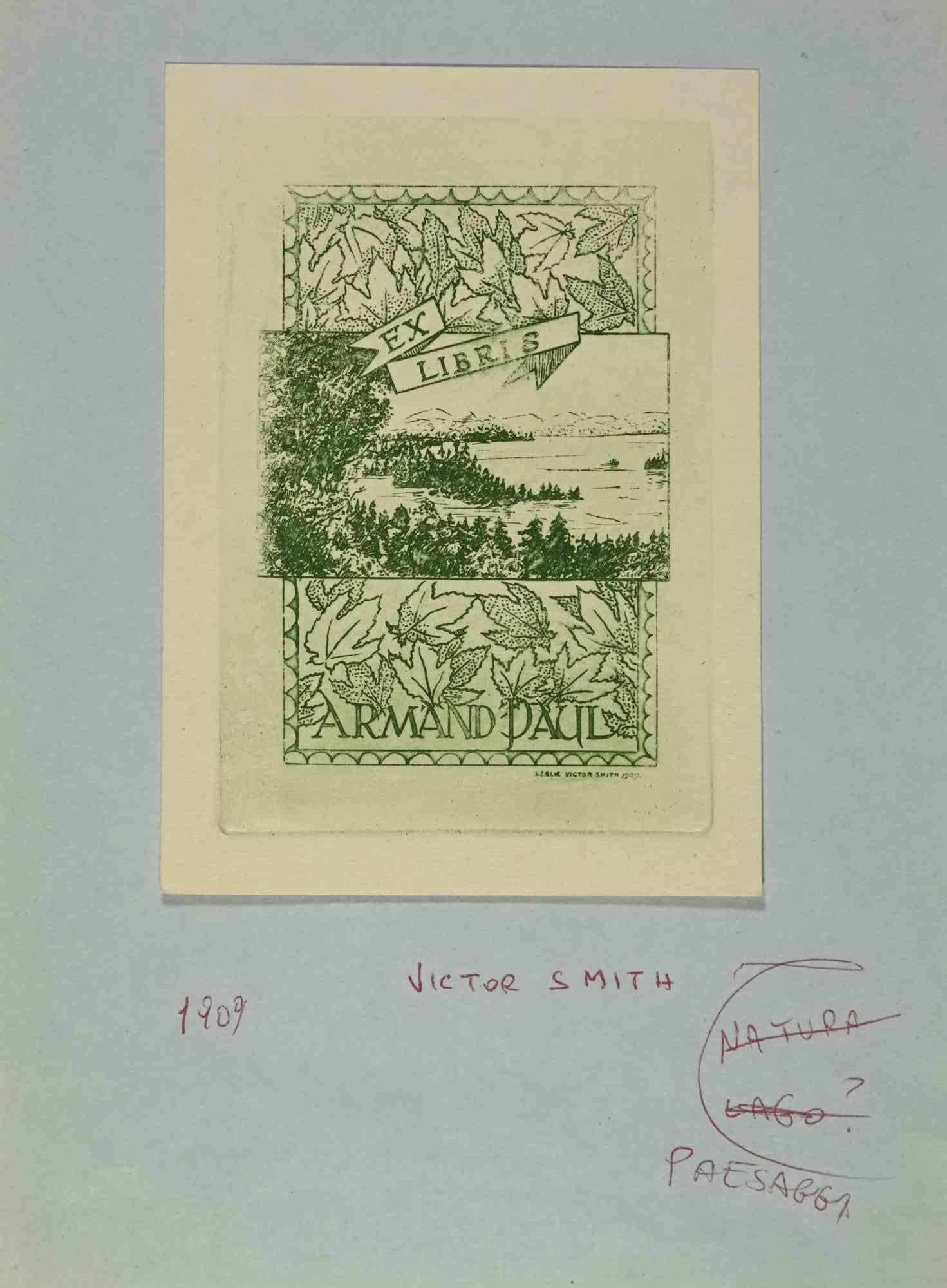 Ex-Libris - Armand Paul ist ein Kunstwerk des Künstlers Leslie Victor Smith aus dem Jahr 1909. 

Farbiger Holzschnitt auf Elfenbeinpapier.  In der Platte signiert und am unteren rechten Rand datiert. 

Das Werk ist auf farbigen Karton geklebt.