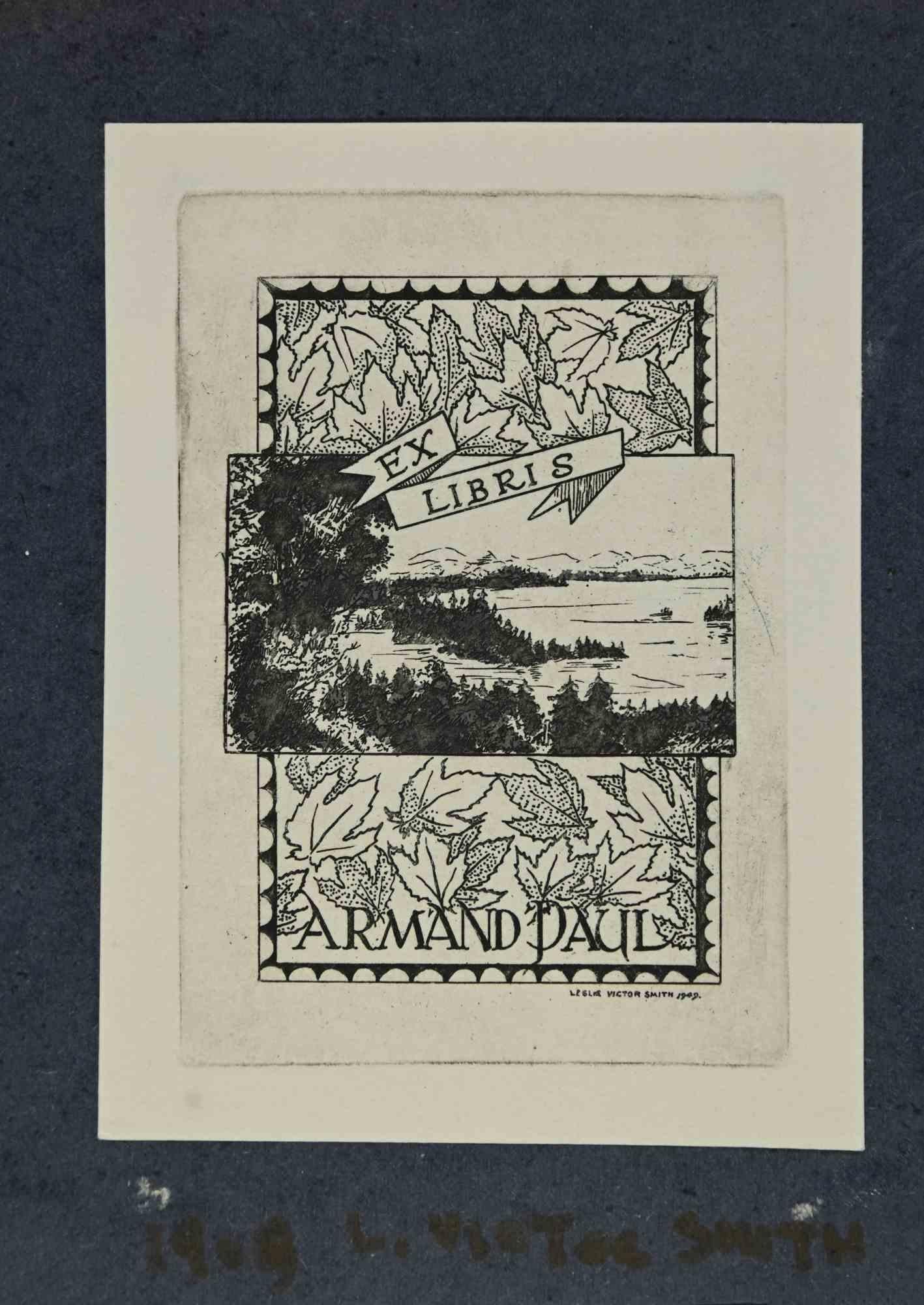 Ex-Libris - Armand Paul ist ein Kunstwerk des Künstlers Leslie Victor Smith aus dem Jahr 1909. 

Holzschnitt auf Elfenbeinpapier.  In der Platte signiert und am unteren Rand datiert. 

Das Werk ist auf Karton geklebt. Gesamtabmessungen: 16x 11,5