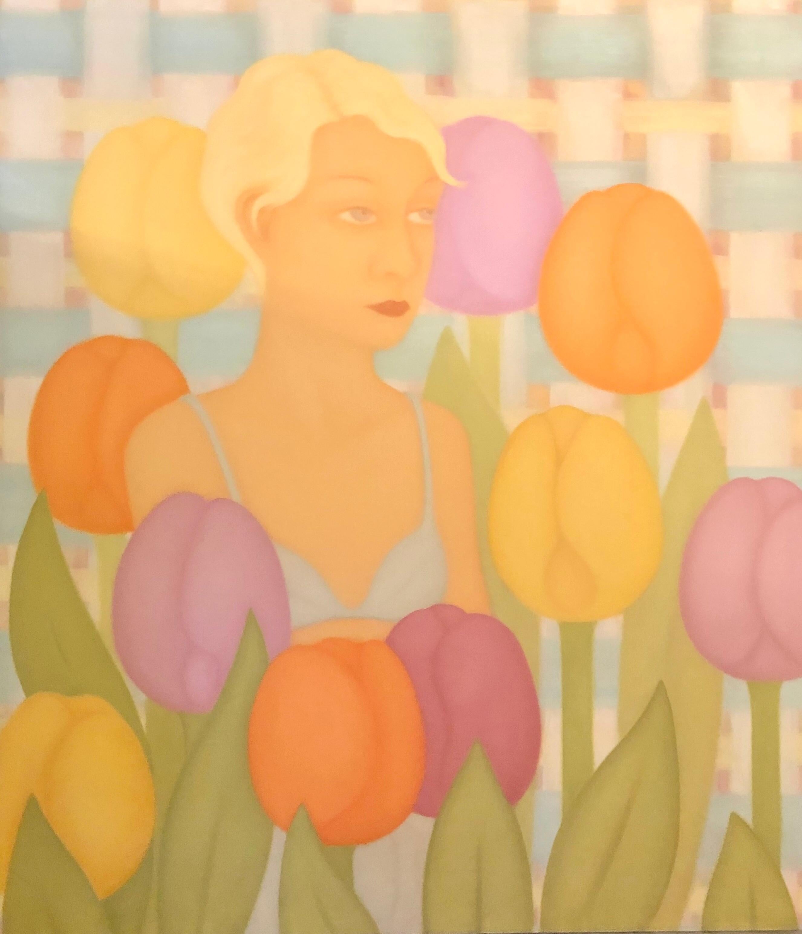 "Seasonal Mix" Figurative Female Portrait with Flowers Oil Painting