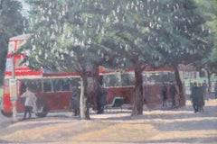 Mid Century English Oil Painting HAMPTON COURT LONDON BUS STOP - Modern British