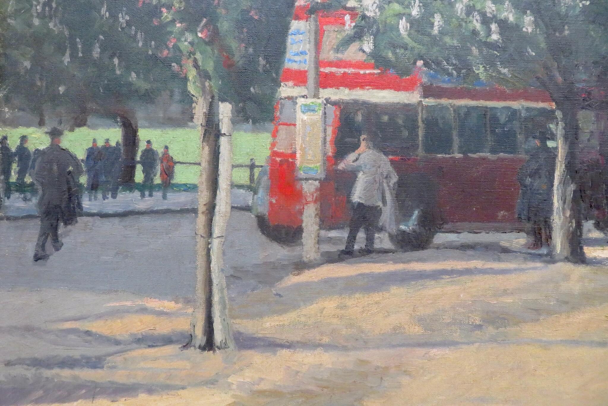 Mid Century English Oil Painting HAMPTON COURT LONDON BUS STOP - Modern British For Sale 2
