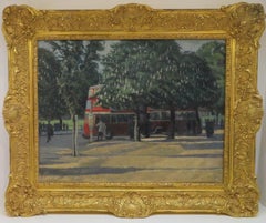 Retro Mid Century English Oil Painting HAMPTON COURT LONDON BUS STOP - Modern British