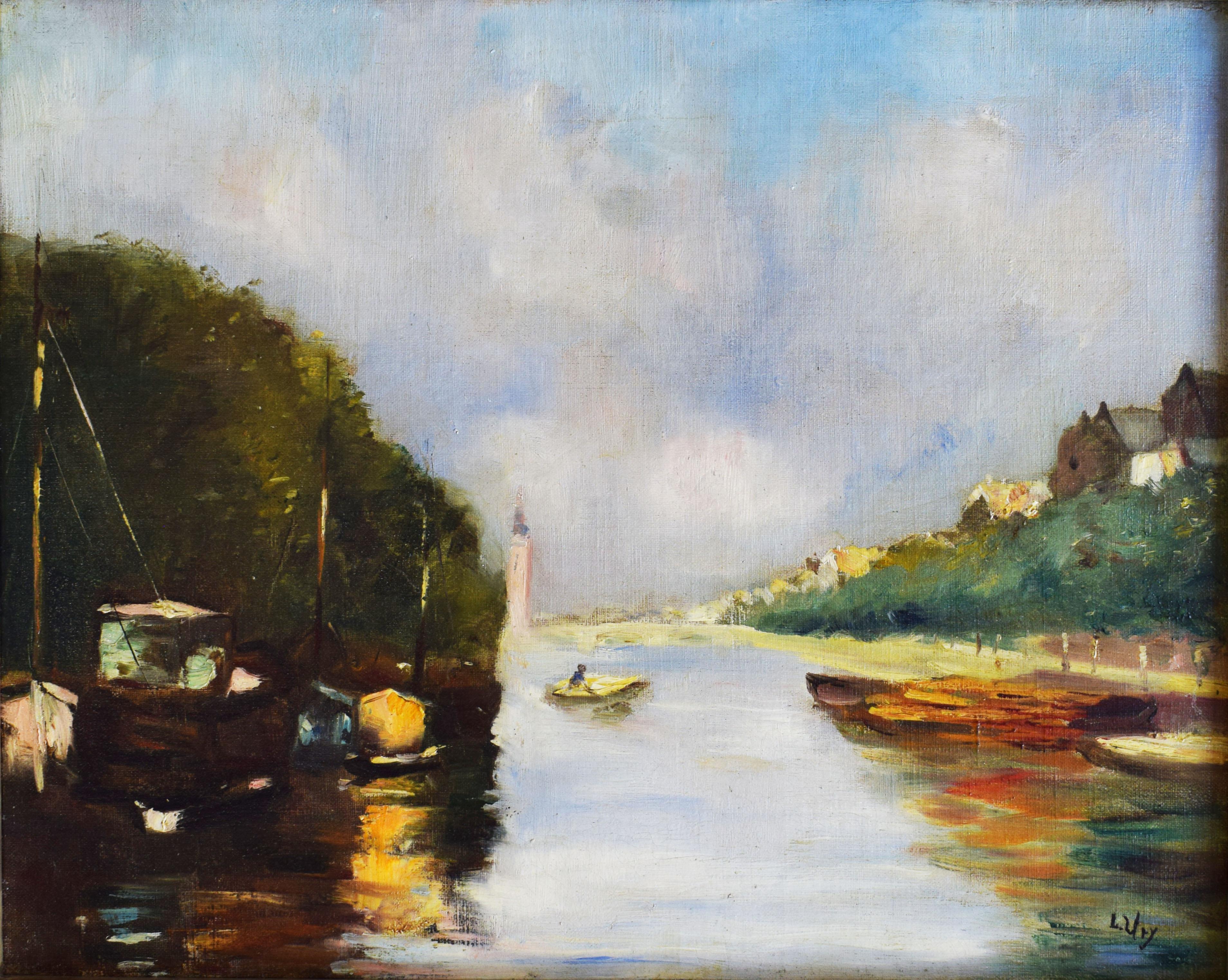 Lesser Ury Landscape Painting – Amsterdamer Kanal – Amsterdamer Stadtansicht des deutschen Impressionismus Niederländische Landschafts