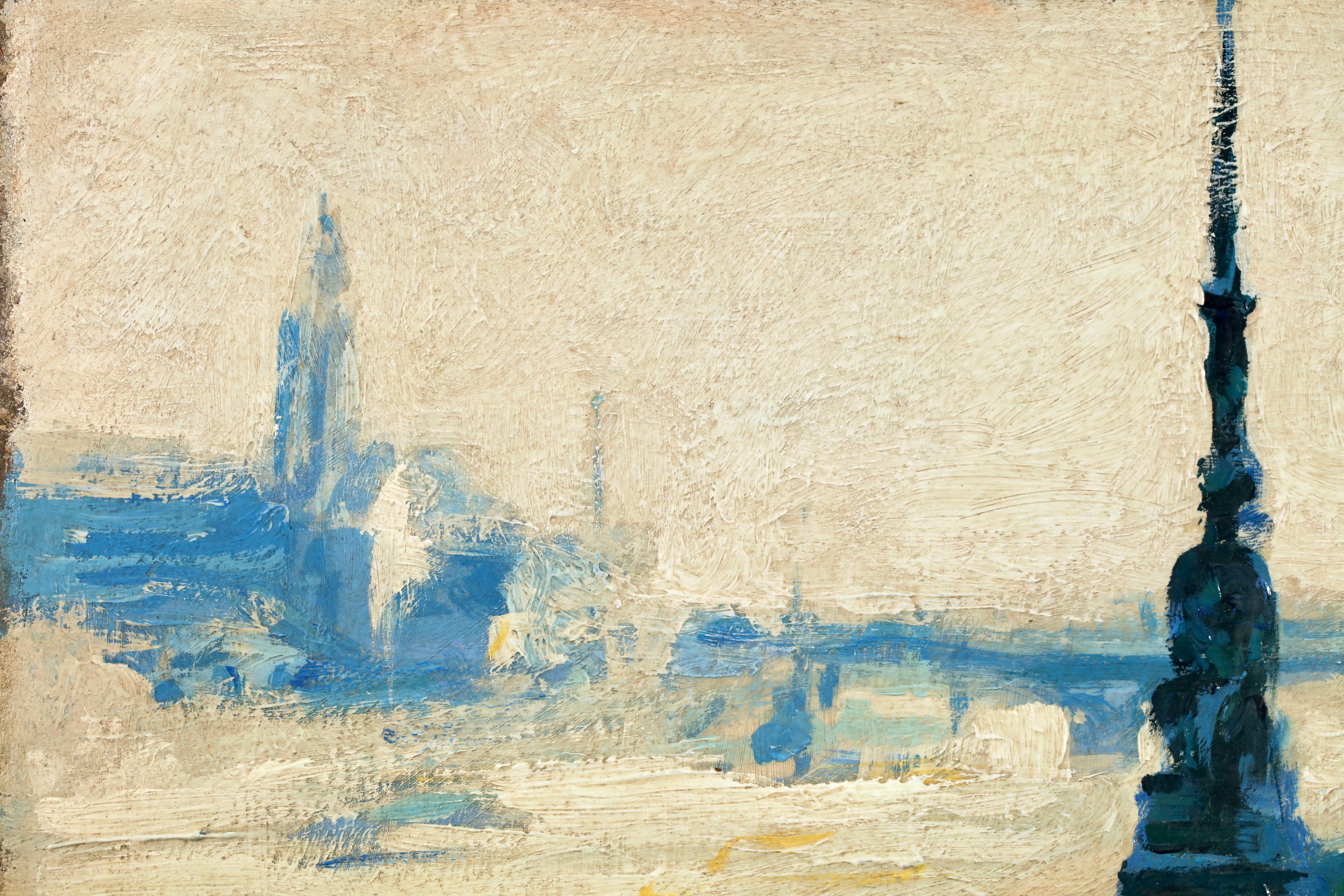 Rain on the embankment - London - Impressionist Landscape Oil by Lesser Ury im Angebot 1