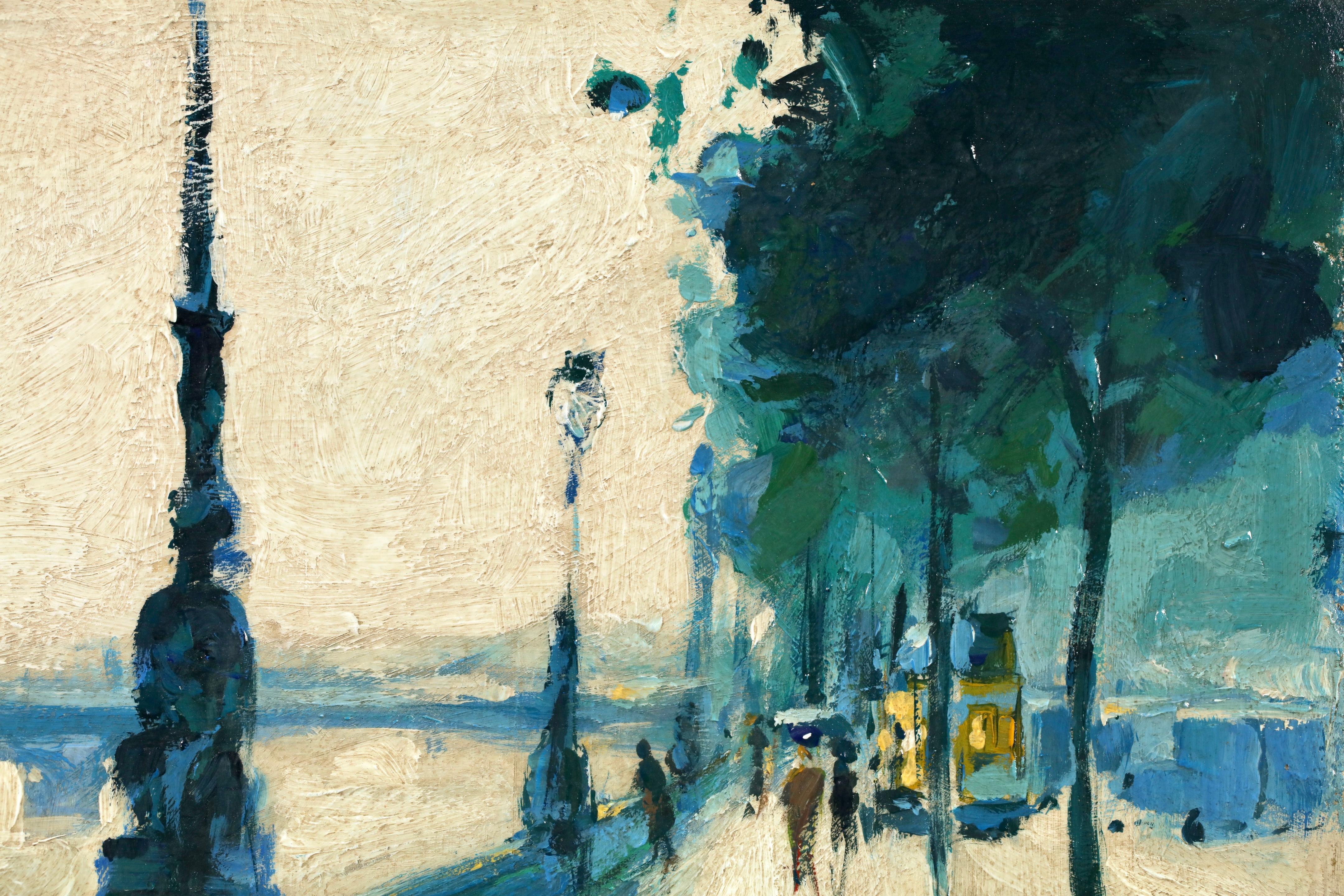 Rain on the embankment - London - Impressionist Landscape Oil by Lesser Ury im Angebot 3