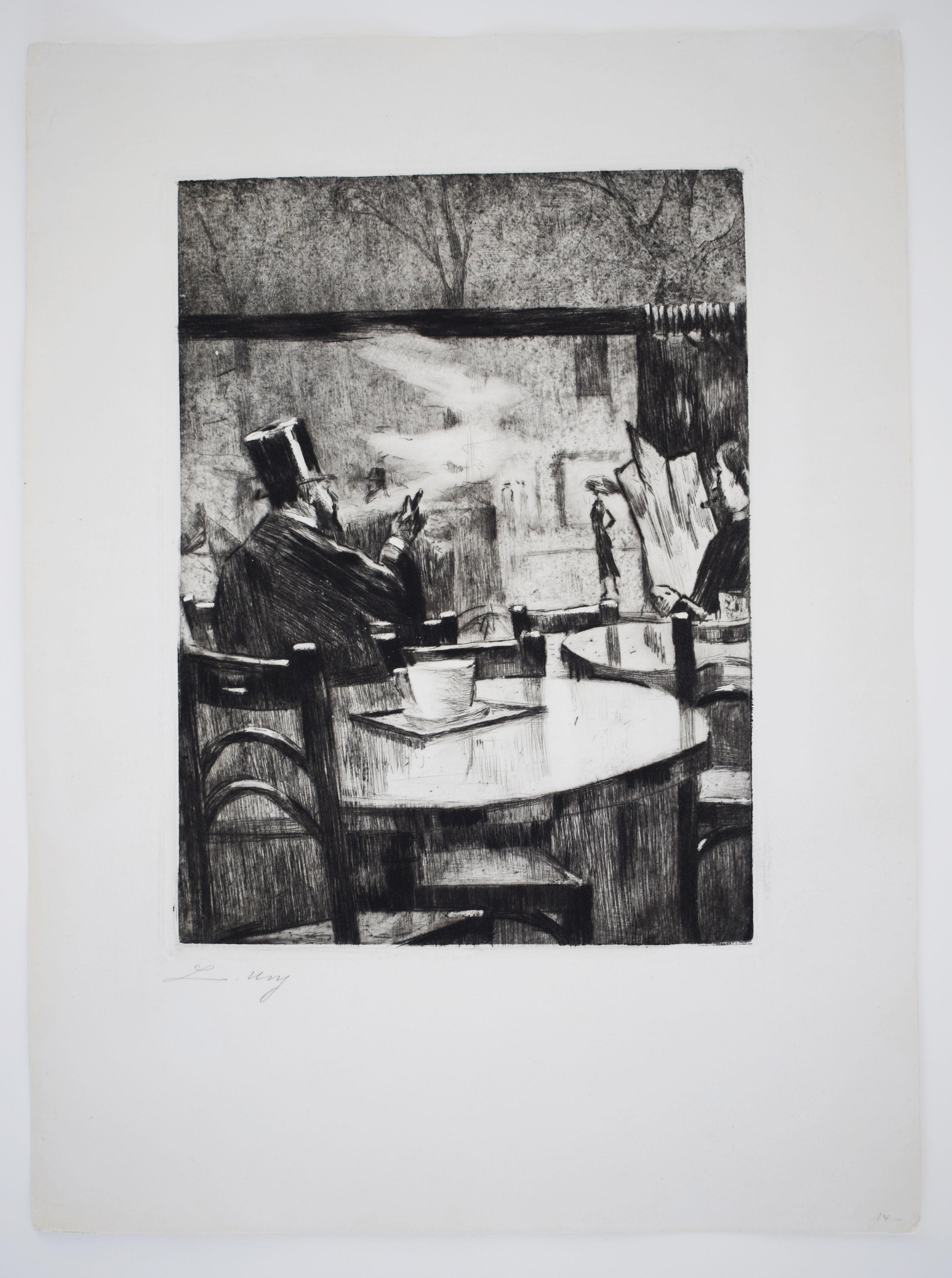 Im Café. [Mann mit Zylinder vor einem Kaffeehausfenster...] – Print von Lesser Ury