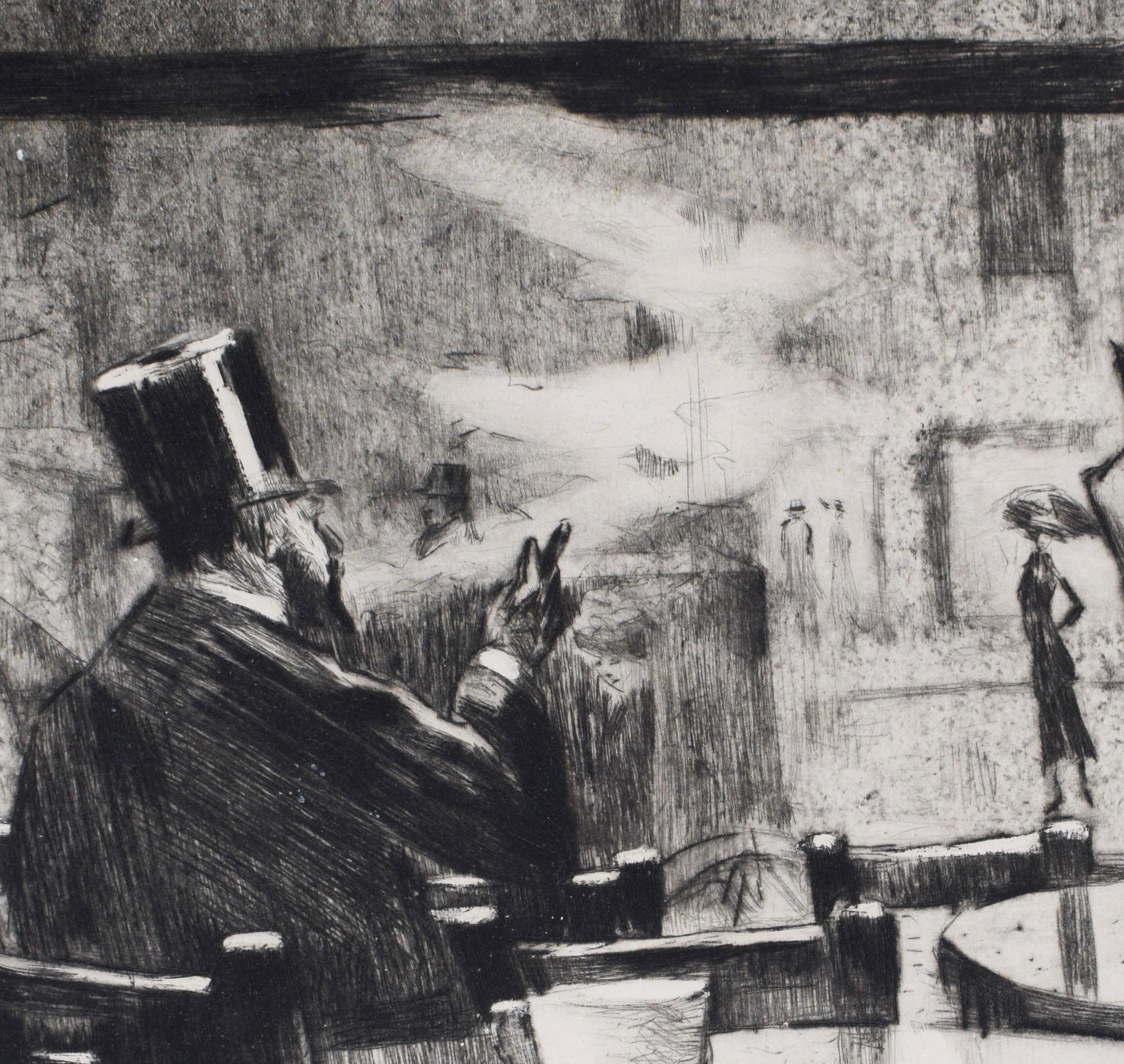 Im Café. [Mann mit Zylinder vor einem Kaffeehausfenster...] (Grau), Figurative Print, von Lesser Ury