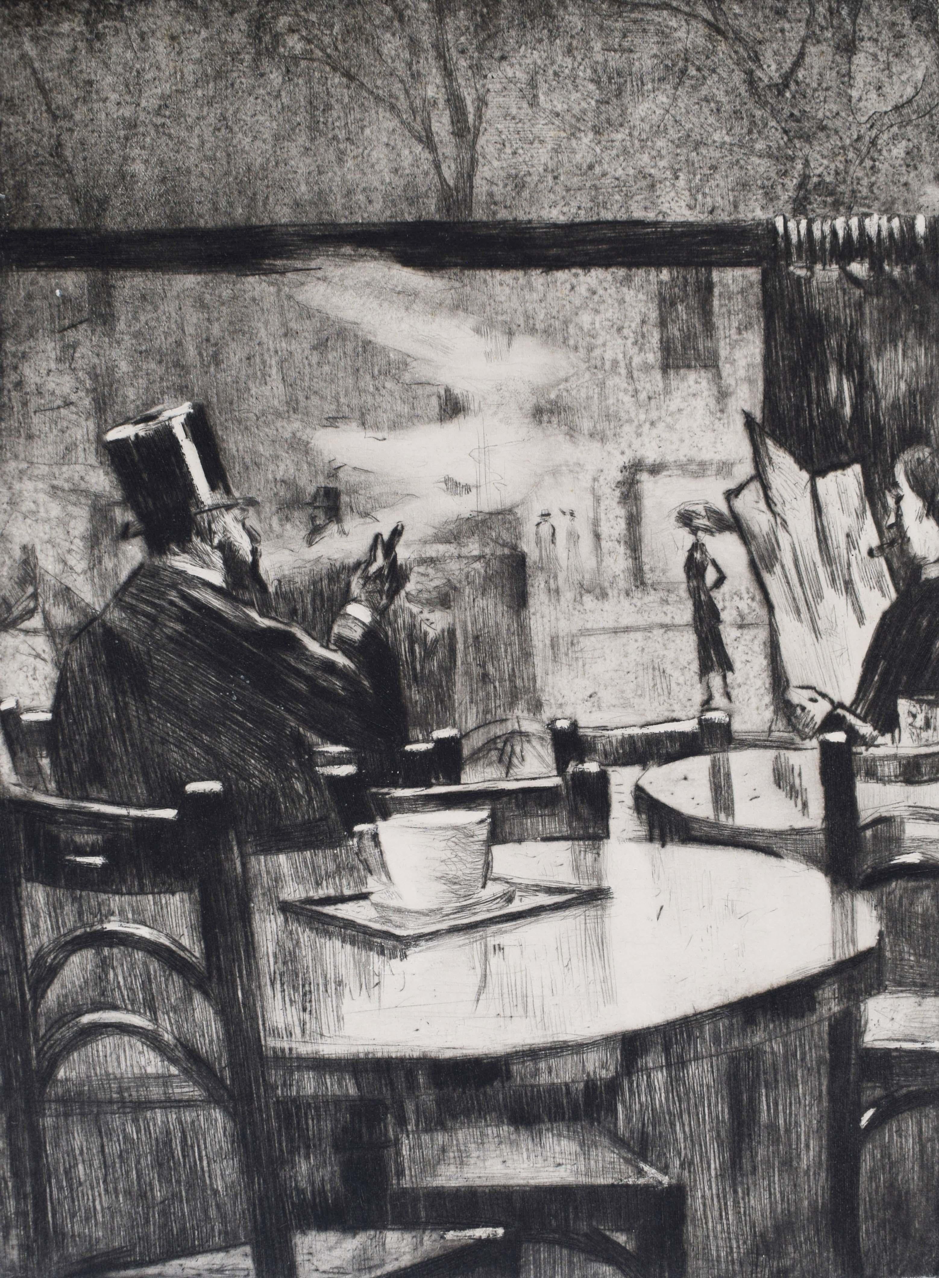Lesser Ury Figurative Print – Im Café. [Mann mit Zylinder vor einem Kaffeehausfenster...]