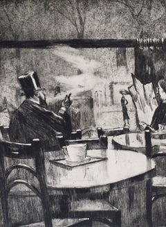 Im Café. [Mann mit Zylinder vor einem Kaffeehausfenster...]