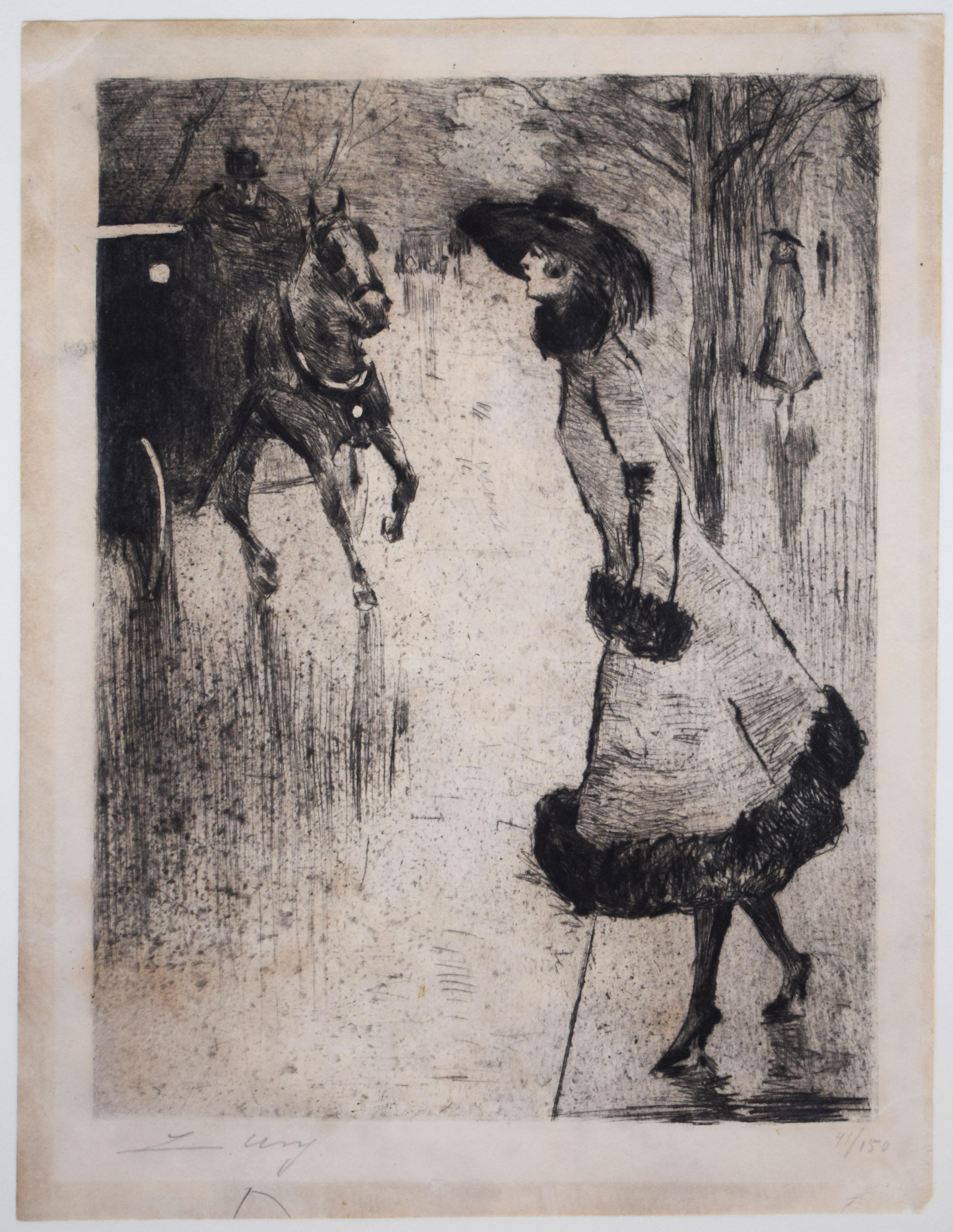 Lady Hailing a Carriage  Dame, eine Droschke rufend - German Impressionism - Print by Lesser Ury
