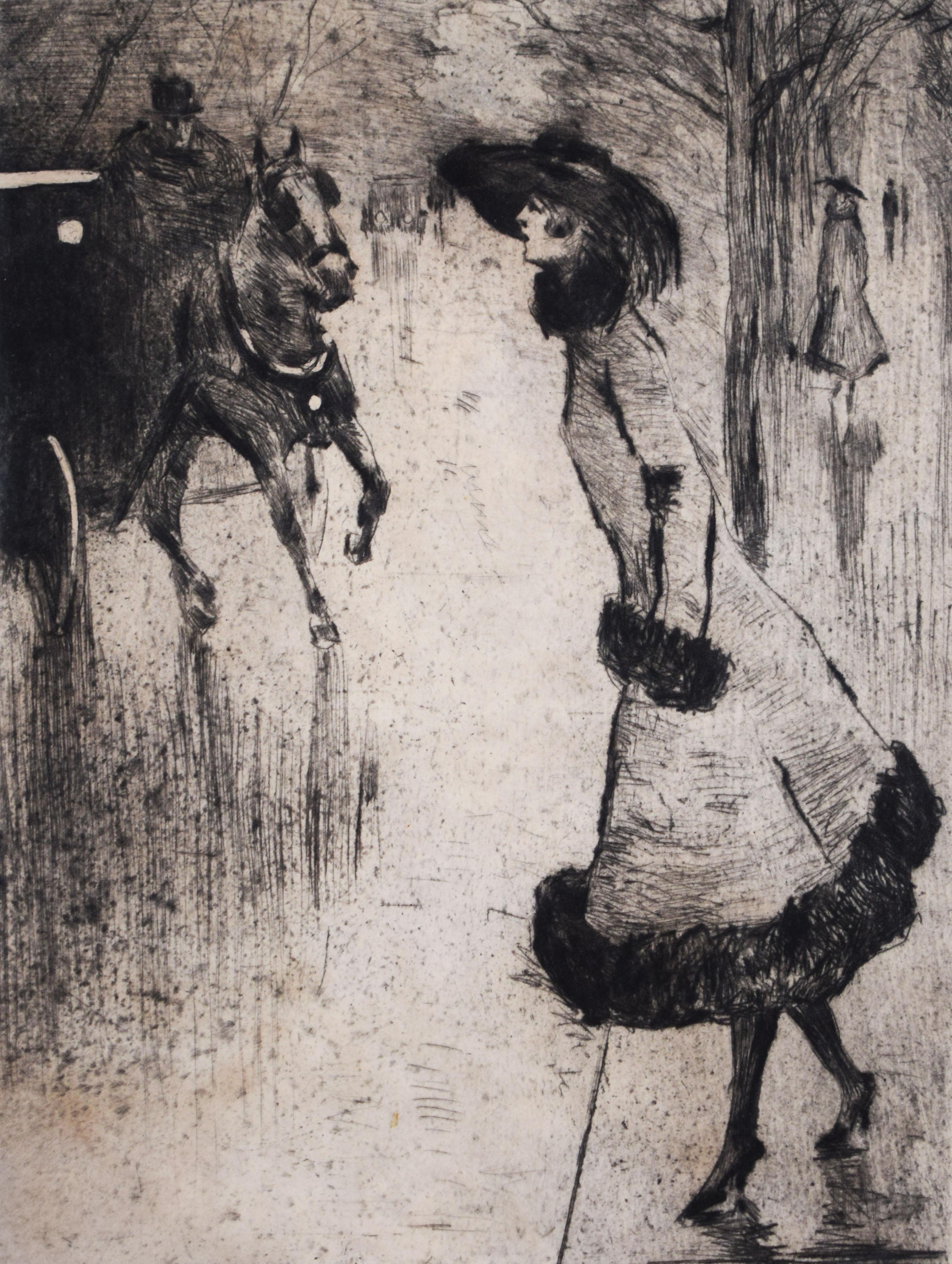 Lesser Ury Figurative Print – Dame, die eine Kutsche ruft  Dame, eine Droschkerufend – Deutscher Impressionismus