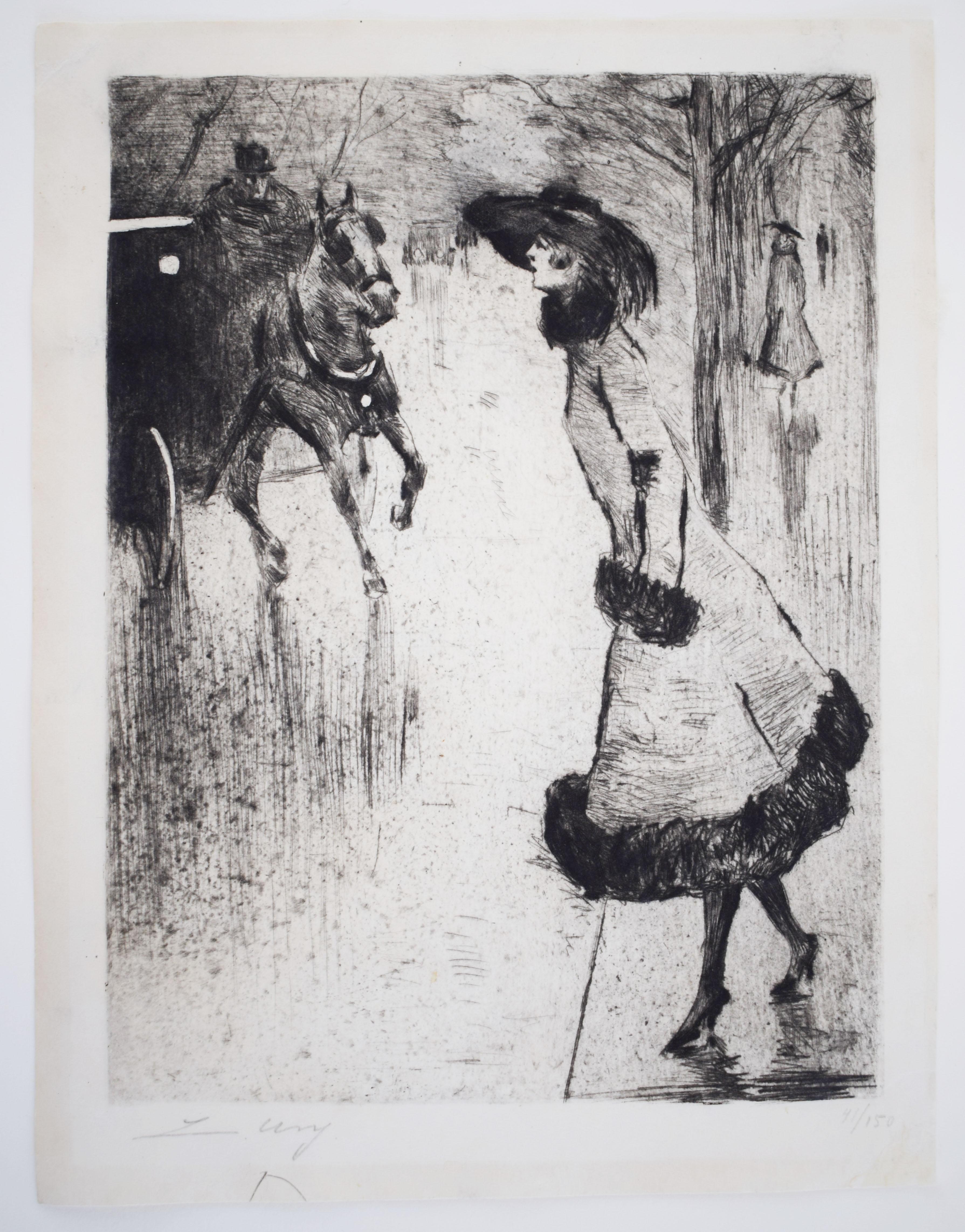 Dame saluant une calèche - Impressionnisme allemand Berlin - Print de Lesser Ury