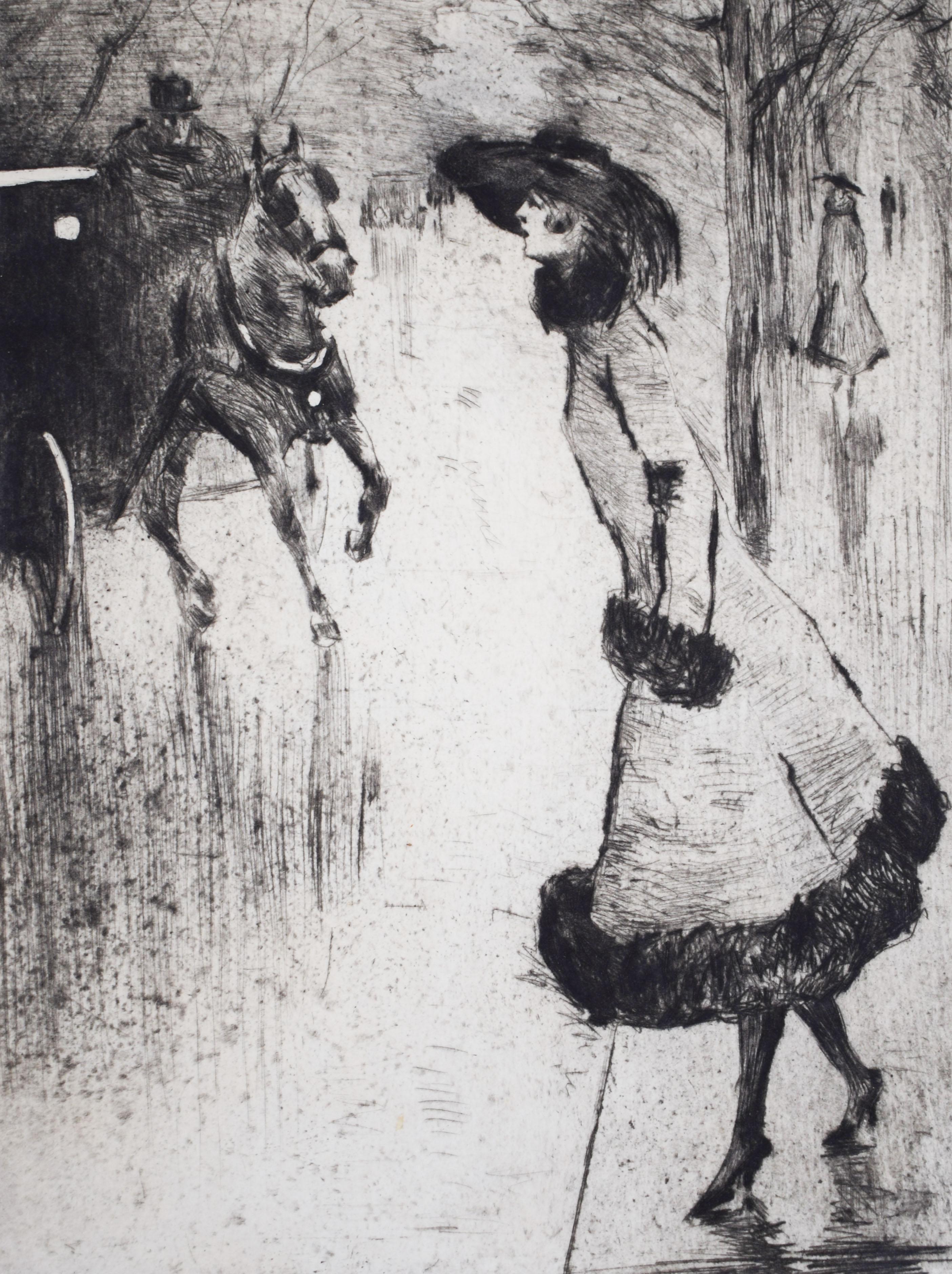 Figurative Print Lesser Ury - Dame saluant une calèche - Impressionnisme allemand Berlin