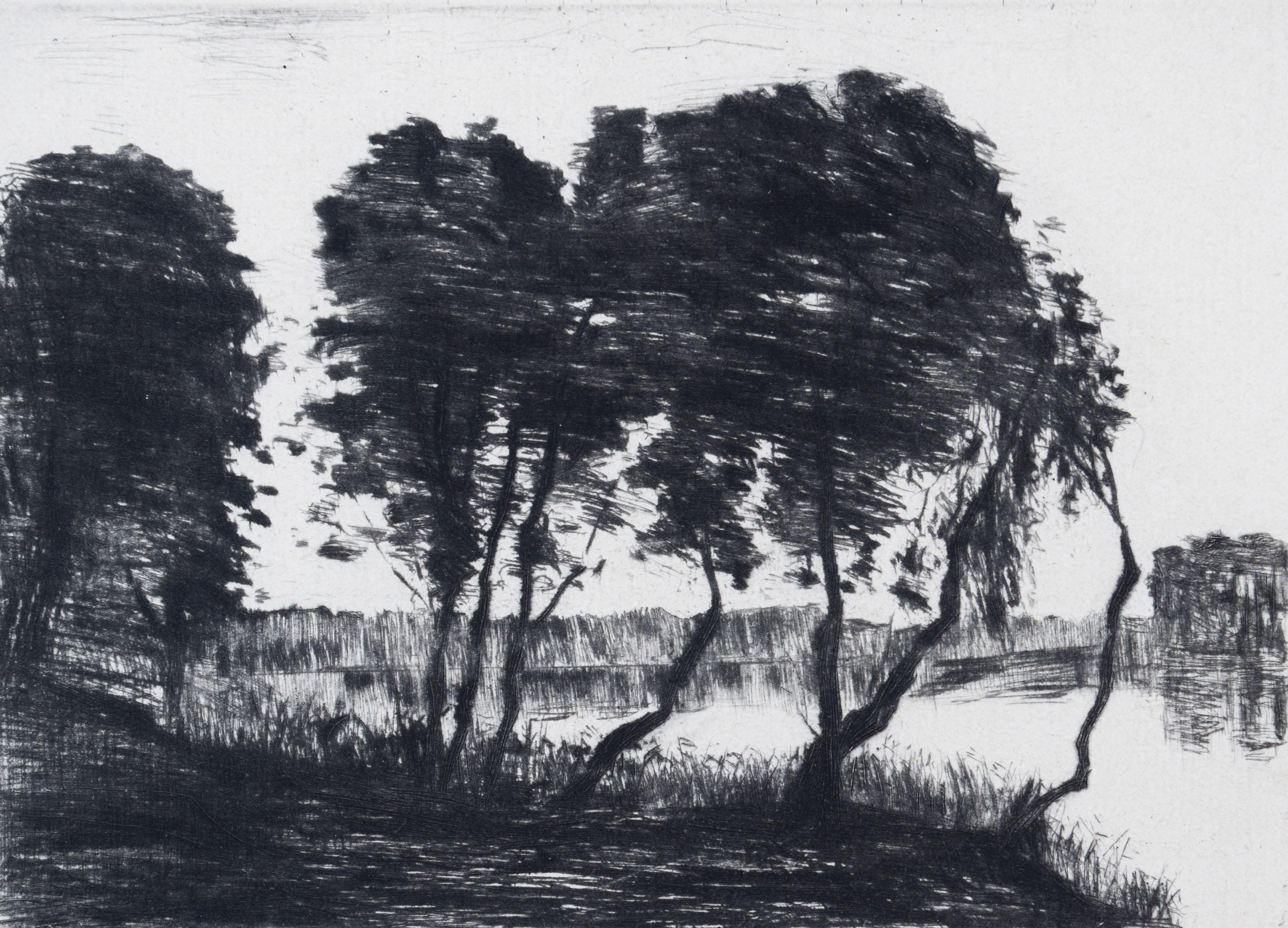 Lesser Ury Landscape Print - Trees on the Shore of Grunewaldsee, from: Berlin Impressions - German Berlin