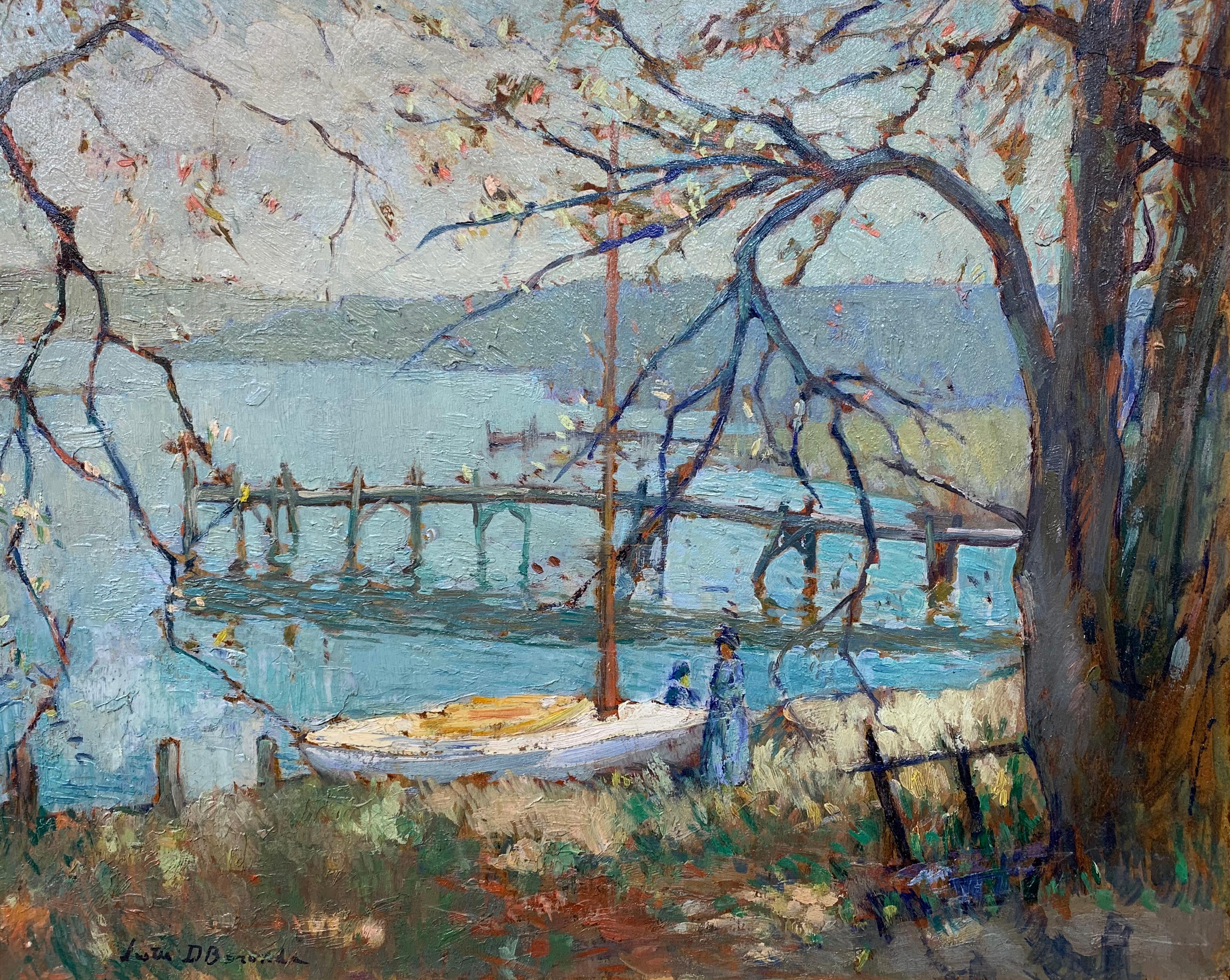 Quiet Cove, American Impressionist Seascape with Boats and Figures - Painting by Lester David Boronda