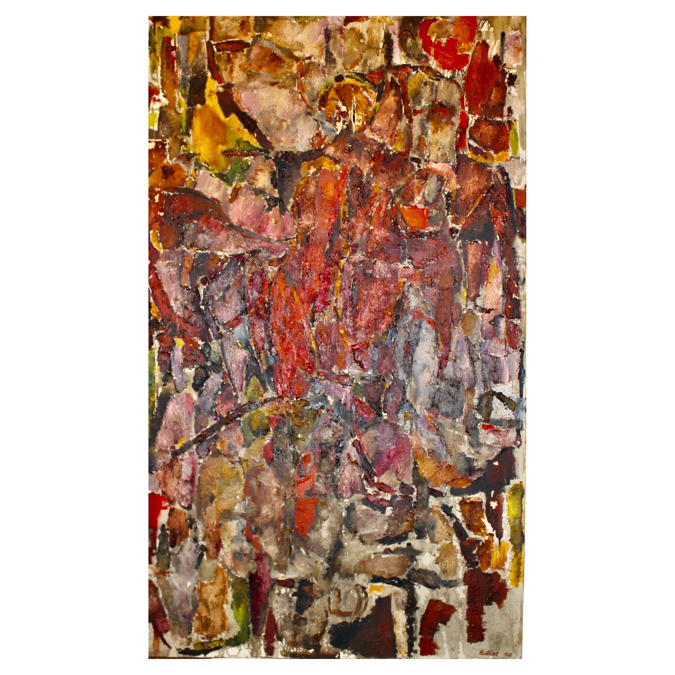 Expressive and richly colorful Abstract Expressionist oil/canvas by Lester Elliot a second generation painter of the 'New York School'.  Purchased from The Artist's Gallery, NYC in 1956 by Hy Klebanow. Eliot had many shows in NYC Galleries,  a photo