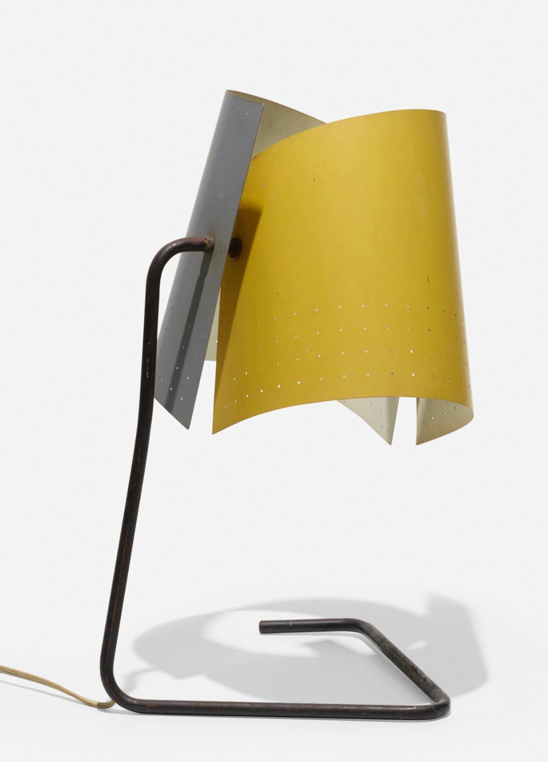 Table Lamp by Lester Geis, model T-5-G. Heifetz Manufacturing Co. USA, circa 1951. Enameled aluminum, enameled steel, and brass.
This lamp model was given an honourable mention at the Museum of Modern Art's low-cost lighting competition, New Lamps