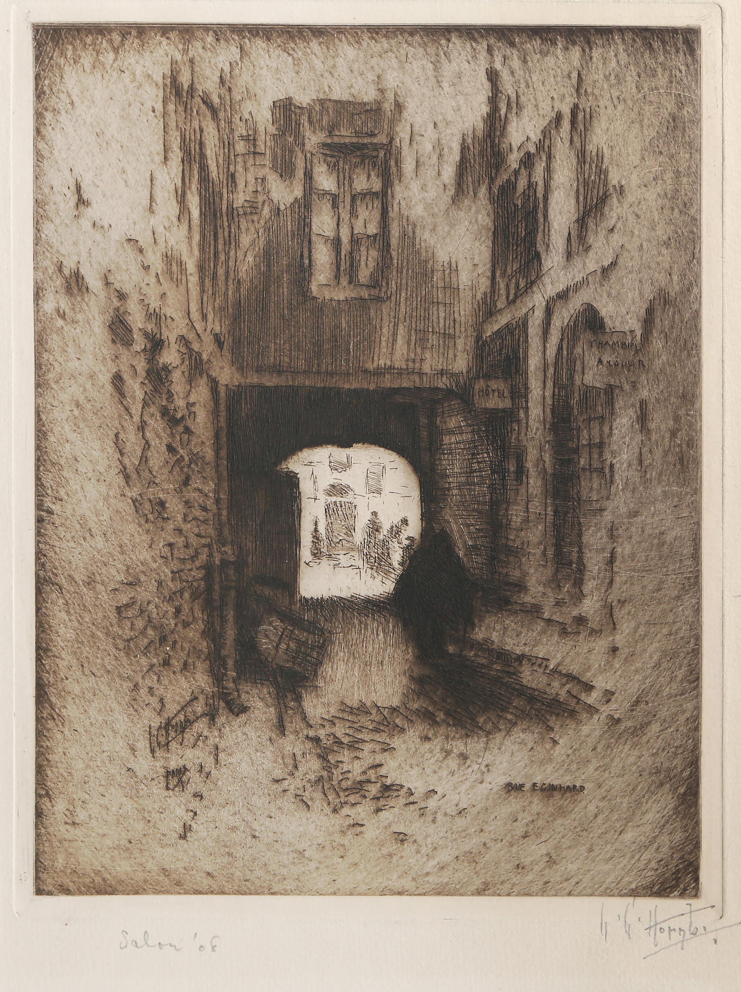 Rue Eginhard
Lester George Hornby, americano (1882-1956)
Data: 1908
Acquaforte su carta patinata, firmata a matita
Dimensioni dell'immagine: 7,25 x 5,5 pollici
Dimensioni: 8,75 x 6,5 pollici (22,23 x 16,51 cm)