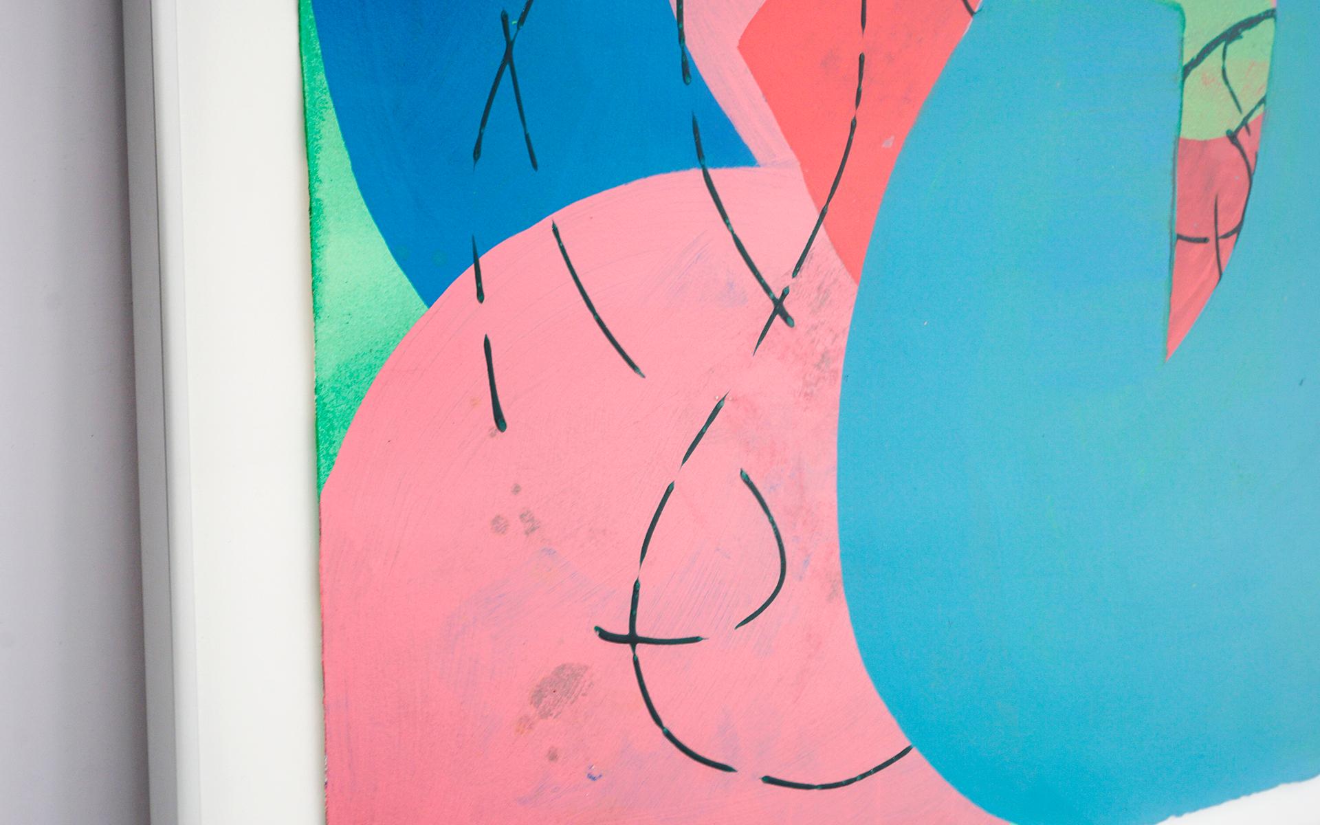 Modern Lester Goldman Abstract Watercolor Painting, Blue, Pink, Green, and Red, Signed For Sale