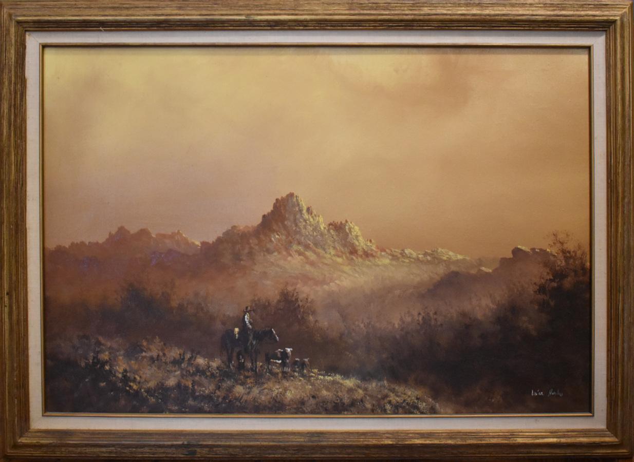 Lester Huges Landscape Painting - "LOST AND FOUND" CATTLE STRAYS IN WEST TEXAS. WESTERN COWBOY COWS. FRAME 30 X 42