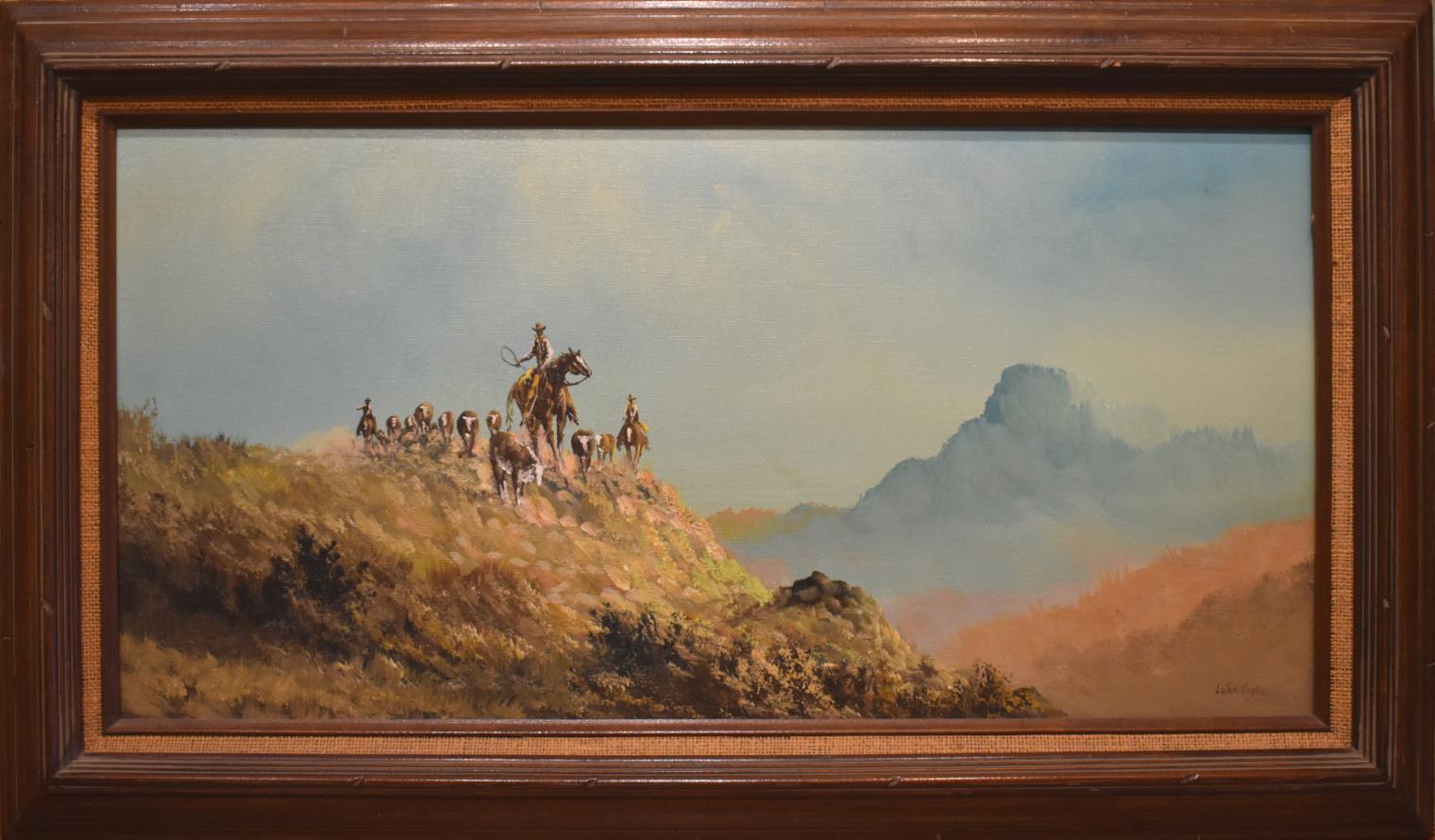 „MOVE ALONG“ CATTLE IN WESTTEXAS.   WESTERN-COWBOY, KÜHE, PFERDE, BERGE – Painting von Lester Huges