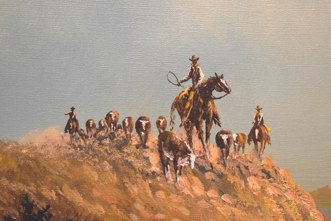 „MOVE ALONG“ CATTLE IN WESTTEXAS.   WESTERN-COWBOY, KÜHE, PFERDE, BERGE (Impressionismus), Painting, von Lester Huges