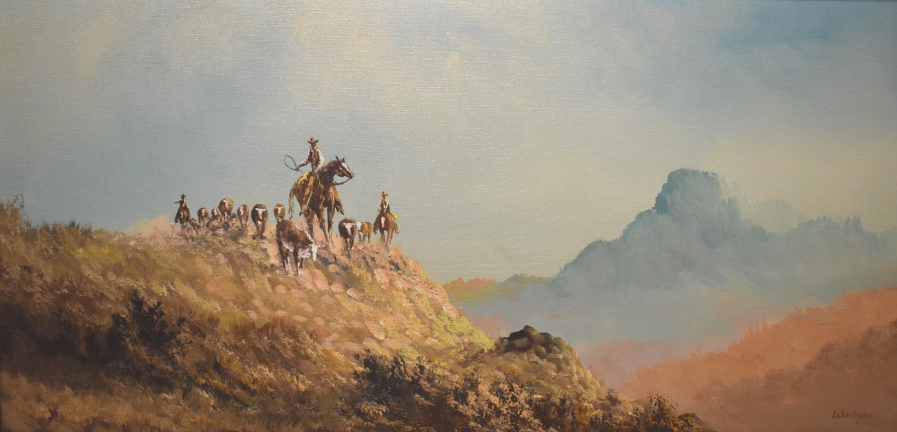 Lester Huges Landscape Painting - "MOVE ALONG" CATTLE IN WEST TEXAS.   WESTERN COWBOY, COWS, HORSES, MOUNTAINS