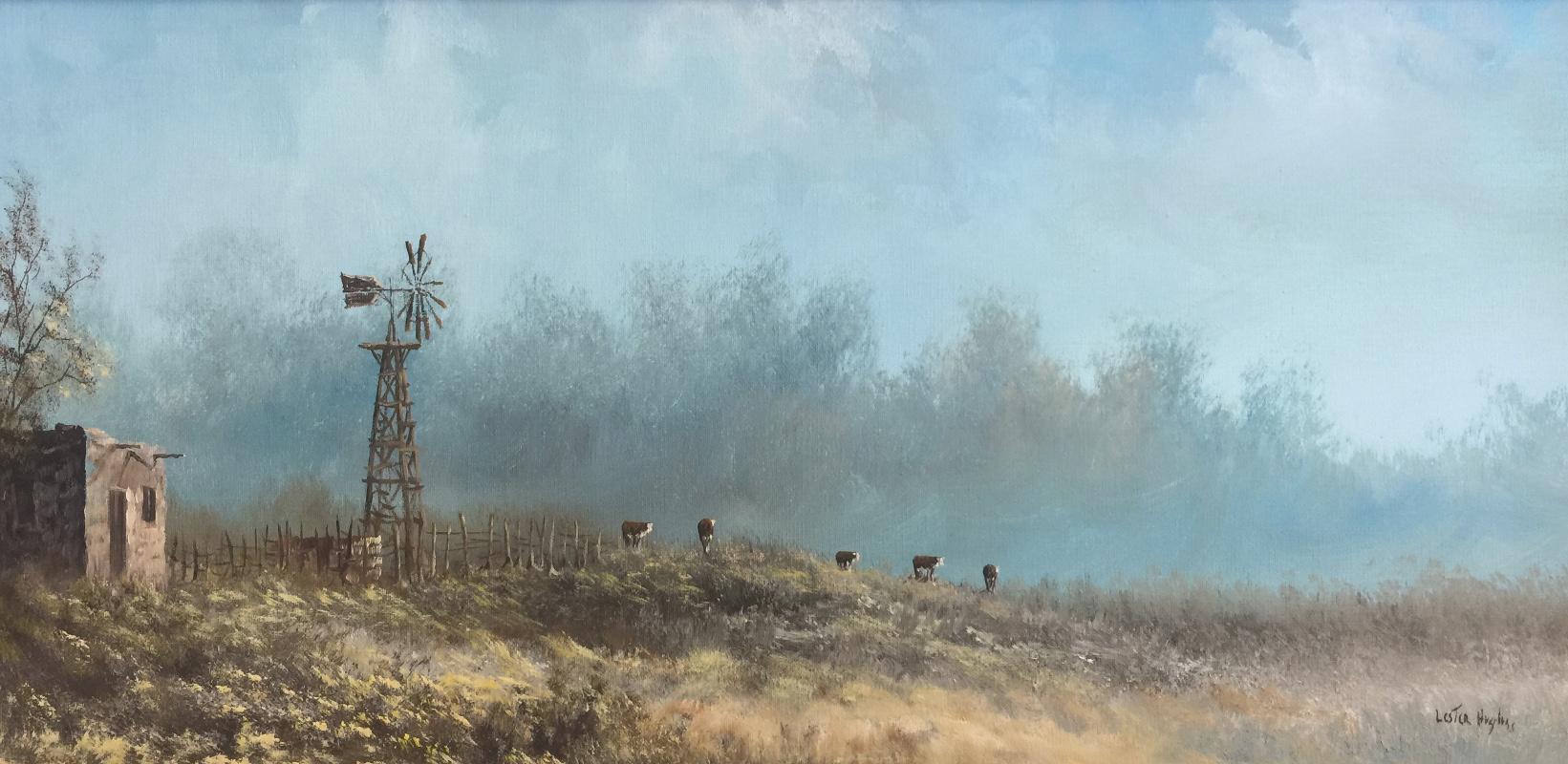 Lester Hughes Landscape Painting - "Herefords Grazing"  West Texas Western Painting.