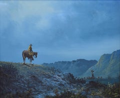 "Night Hawk"  West Texas Western Cowboy Rider Painting. Night Cattle Watchman