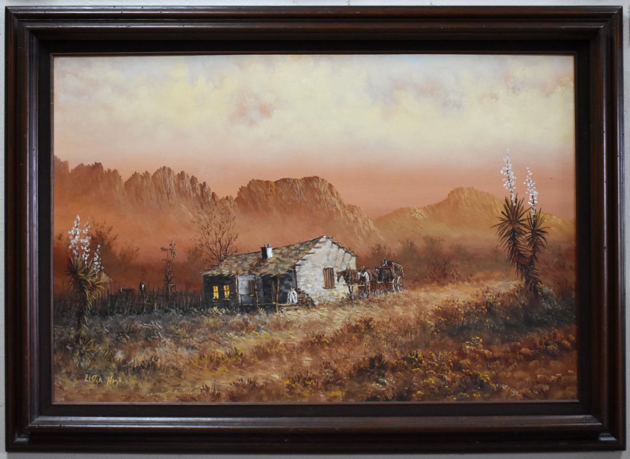 Lester Hughes Animal Painting – "PRAIRIE HOME" WESTERN HOMESTEAD El Paso Künstlerin