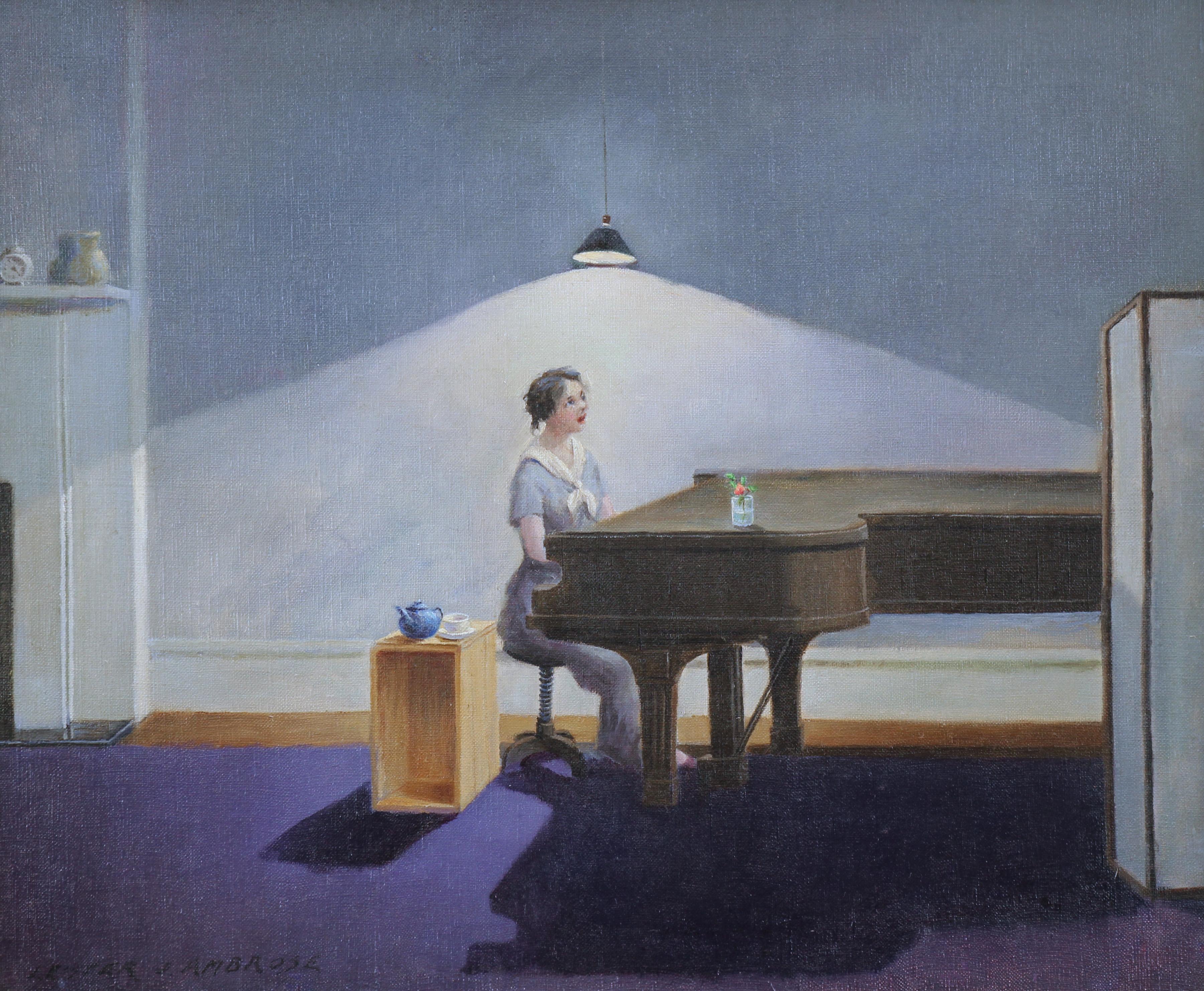 Lester J. Ambrose Figurative Painting - Beautiful Practice, Social Realist Scene, Figurative of Female Piano Player