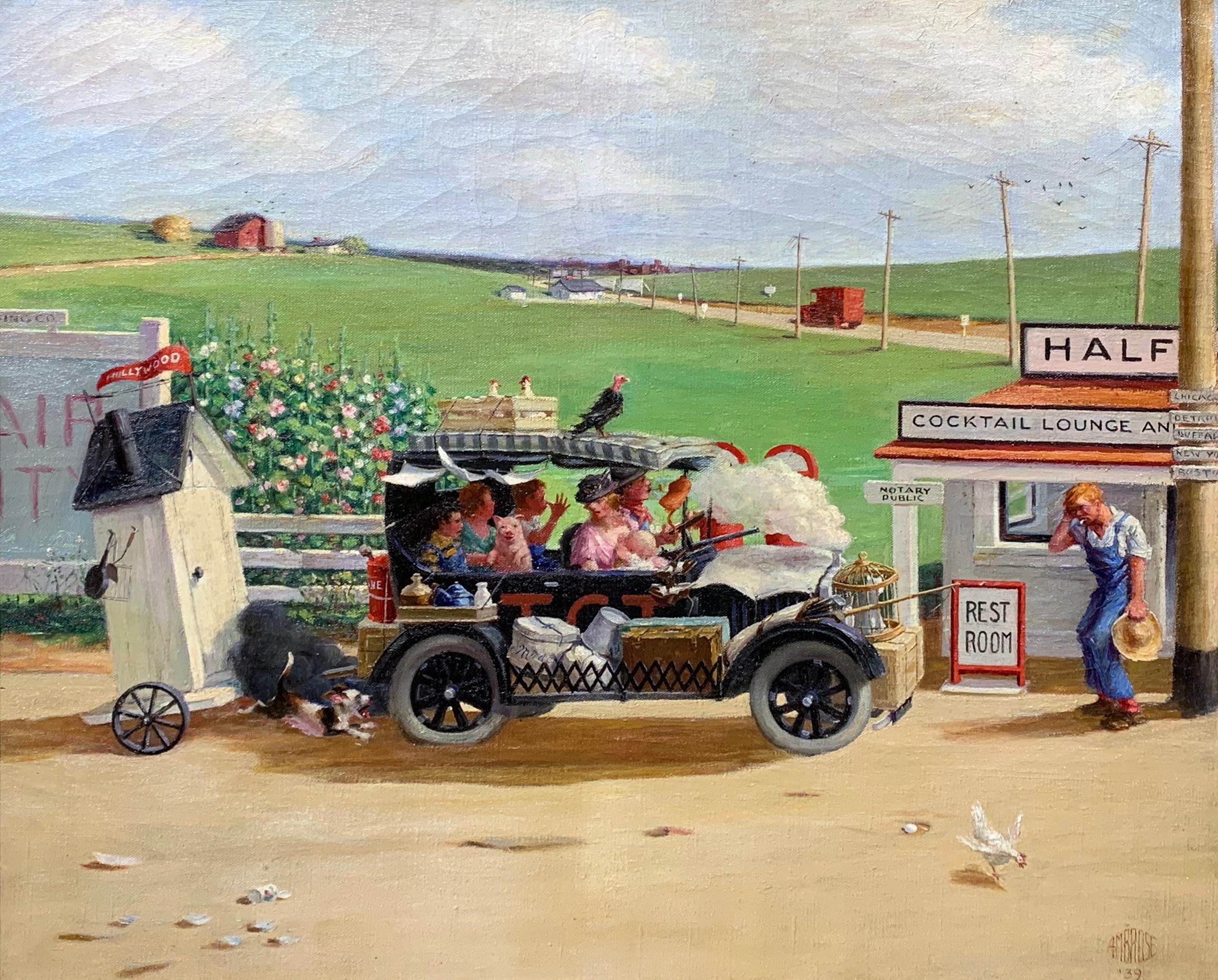 On the Road to the Cocktail Lounge, Social Realist Scene, Figurative Americana - Painting by Lester J. Ambrose
