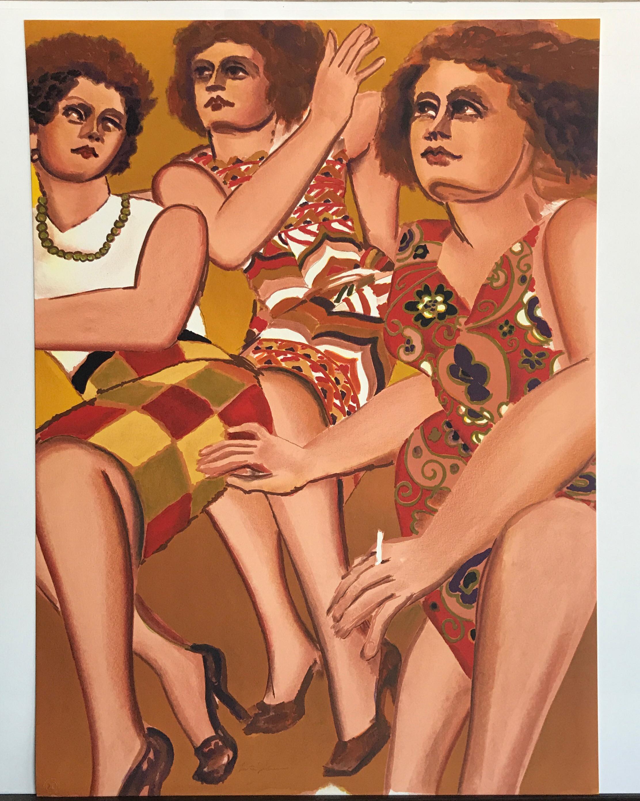CITY GRACES Signierte Lithographie Moderne Frauen Pucci Druck Kleider, Pfirsich, Rot, Tan (Braun), Portrait Print, von Lester Johnson