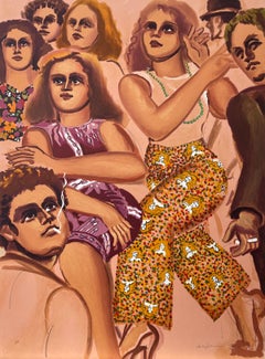 CITY GRACES Signierte Lithographie, Gruppenportrait, Pfirsich, Gelb, Braun, Pflaume