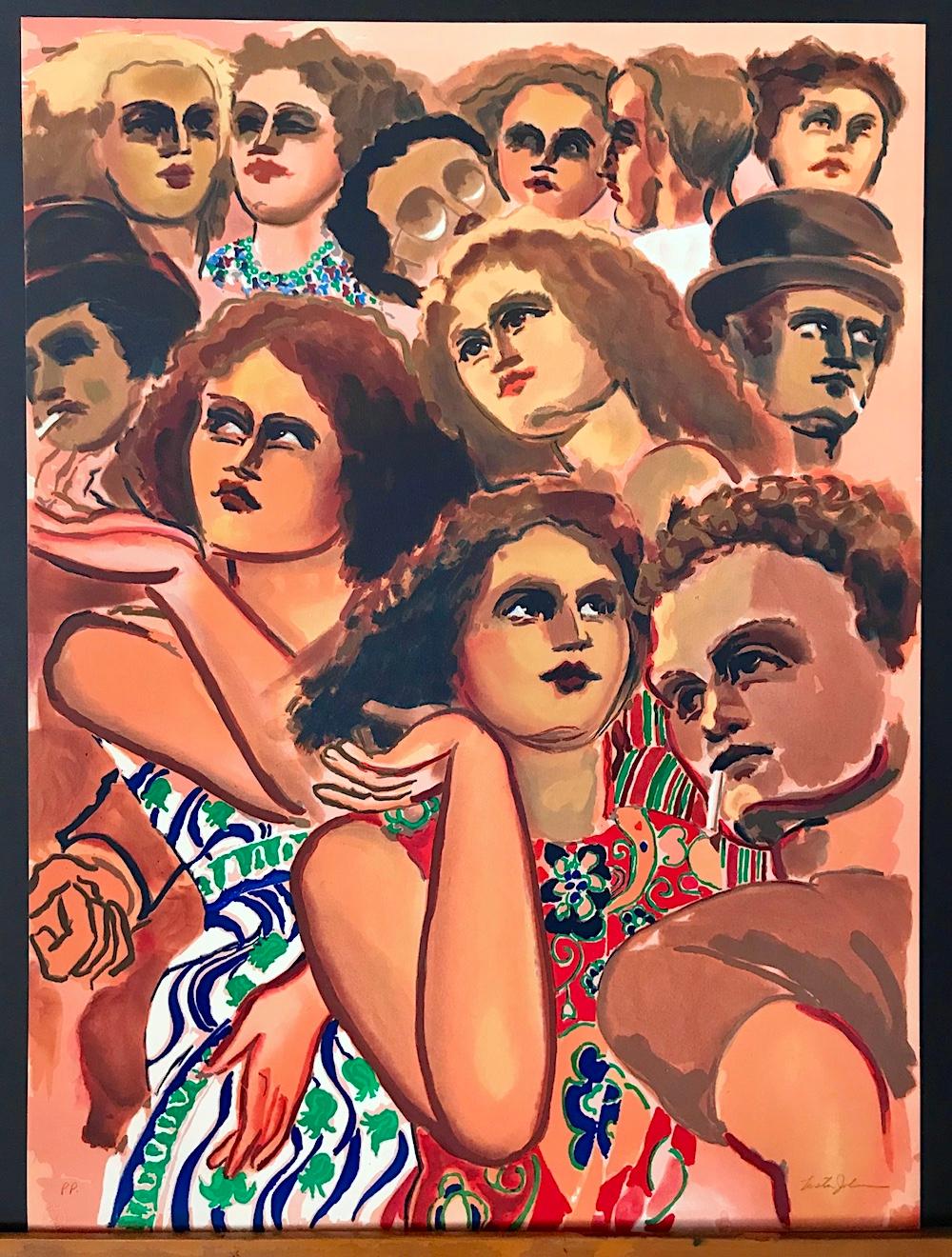 CITY GROUP Signed Lithograph, Street Crowd, Women Men Faces, Peach Orange Brown - Contemporary Print by Lester Johnson