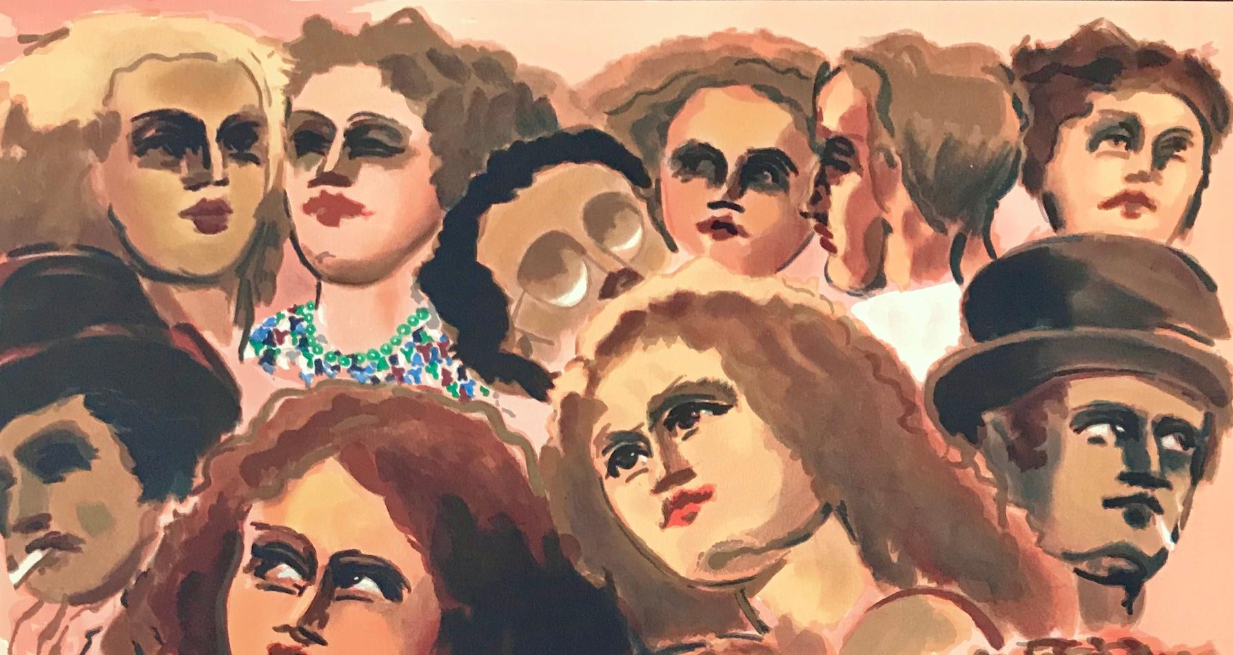 GRUPO CIUDAD Litografía firmada, Multitud callejera, Mujeres Hombres Rostros, Melocotón Naranja Marrón - Print Contemporáneo de Lester Johnson