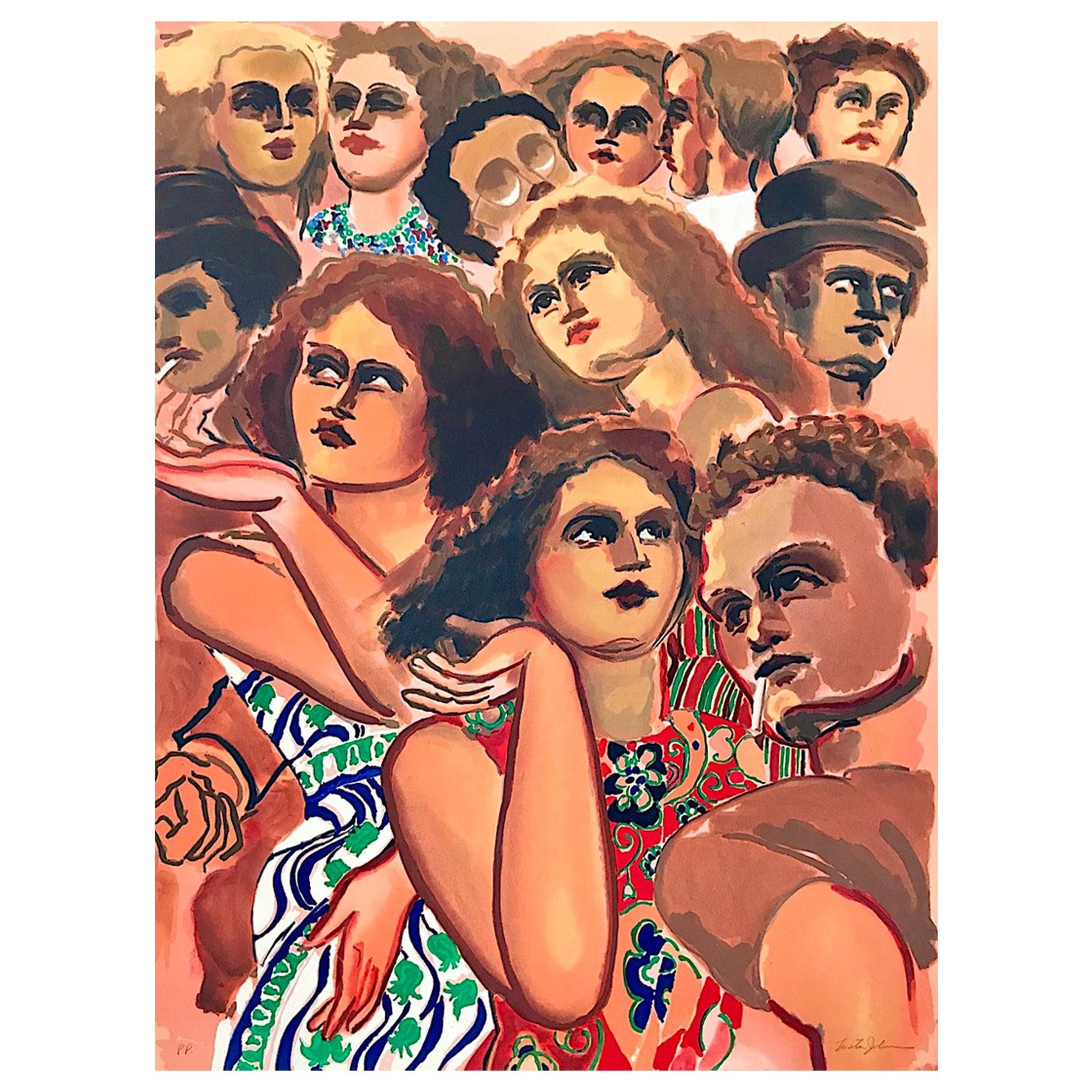 GRUPO CIUDAD Litografía firmada, Multitud callejera, Mujeres Hombres Rostros, Melocotón Naranja Marrón