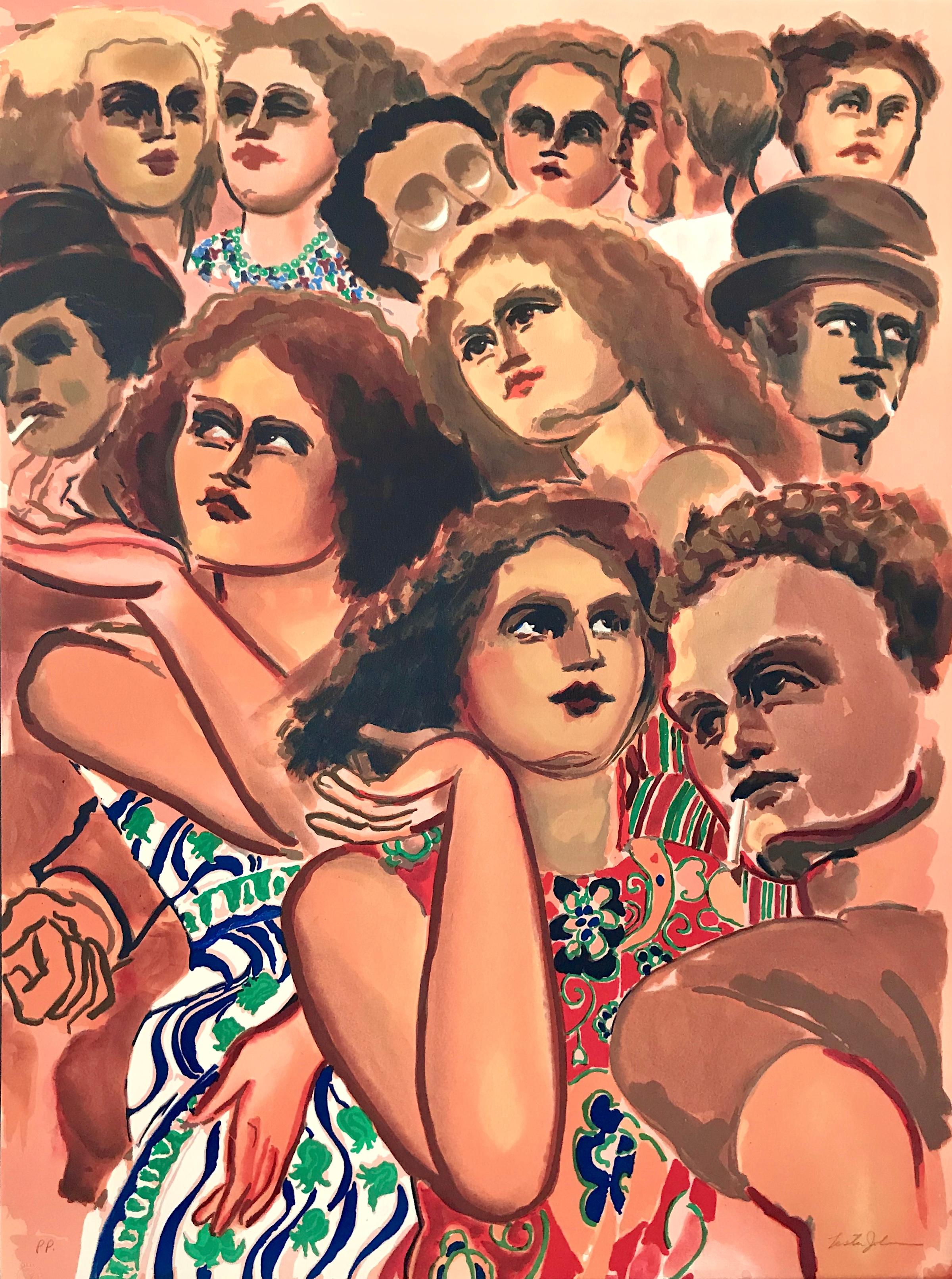 CITY GROUP Signierte Lithographie, Menschenmenge auf der Straße, Frauen Männer Gesichter, Pfirsich Orange Brown