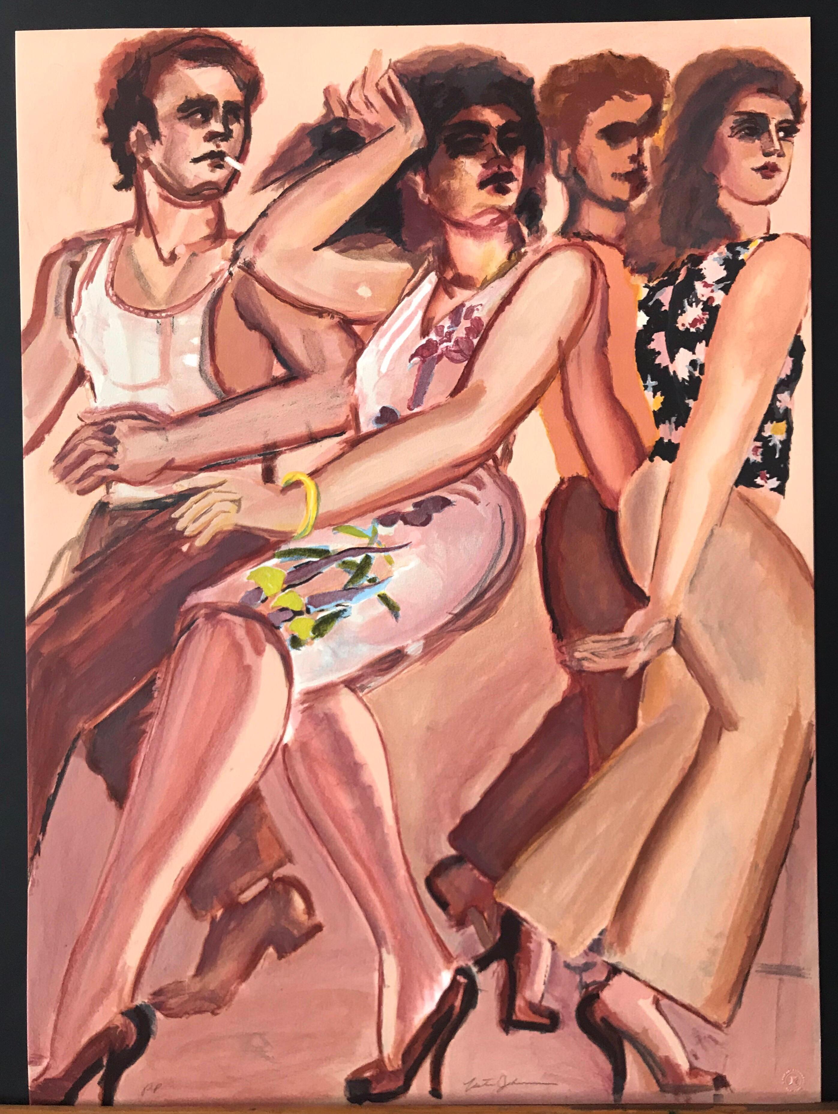 CITY VENUS Signed Lithograph, Men Women Walking, Sheath Dress, Peach Brown Pink - Contemporary Print by Lester Johnson