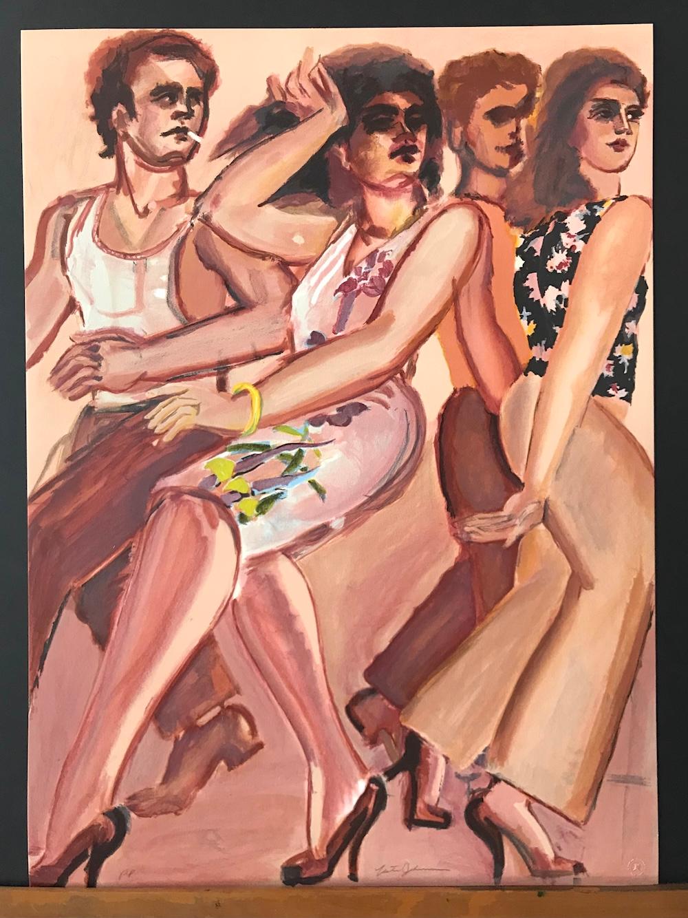 CITY VENUS Litografía firmada, Hombre Mujer Caminando, Vestido Vaina, Melocotón Marrón Rosa - Print de Lester Johnson