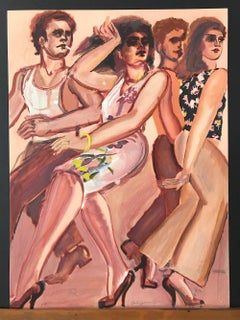 CITY VENUS Signierte Lithographie, Männer Frauen Gehen, Etuikleid, Pfirsich Braun Rosa