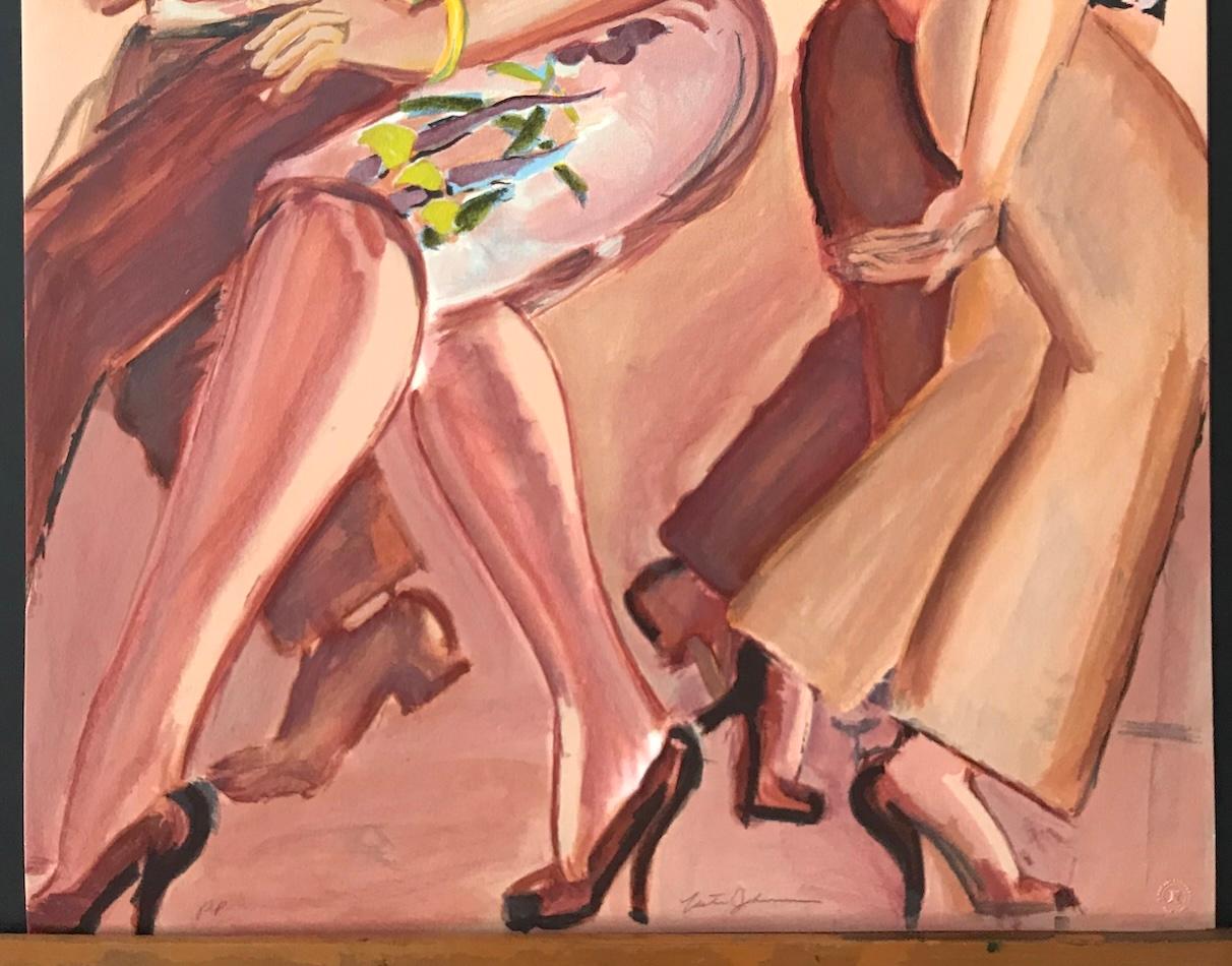 CITY VENUS Litografía firmada, Hombre Mujer Caminando, Vestido Vaina, Melocotón Marrón Rosa en venta 5