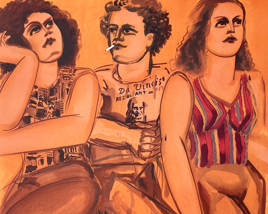 DaVinci Tee Threesome, lithographie signée, portrait de groupe, Pizza, orange, rouille - Print de Lester Johnson