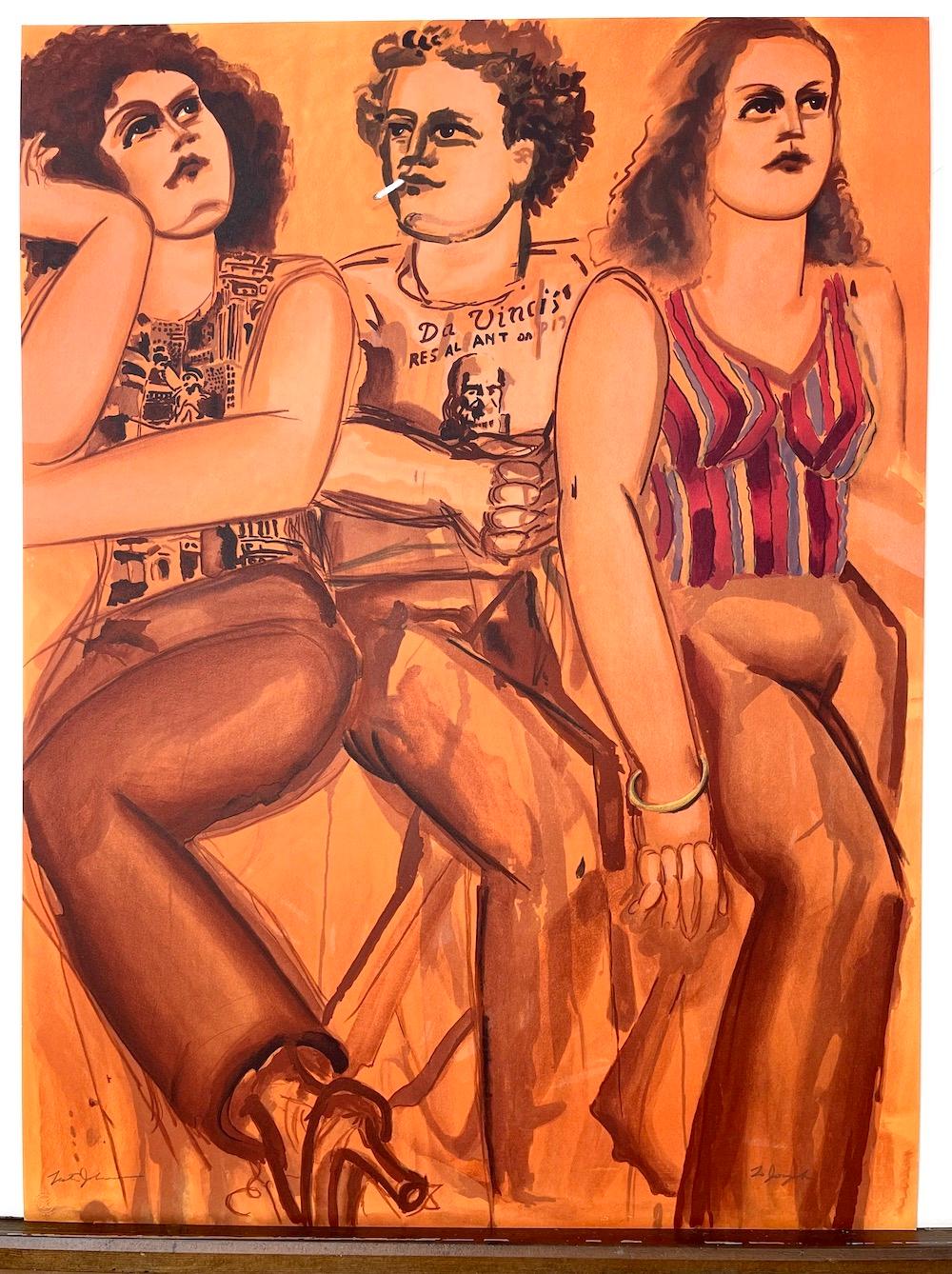 DaVinci Tee Threesome, lithographie signée, portrait de groupe, Pizza, orange, rouille - Marron Portrait Print par Lester Johnson