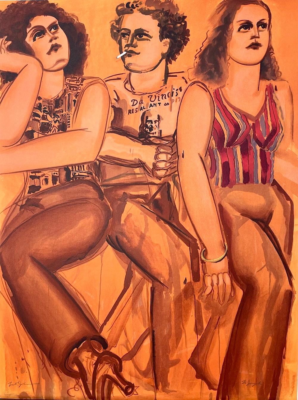 Portrait Print Lester Johnson - DaVinci Tee Threesome, lithographie signée, portrait de groupe, Pizza, orange, rouille
