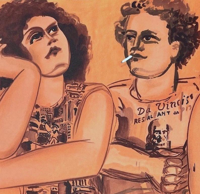 DaVinci Tee Threesome, Litografia firmata, Ritratto di gruppo, Pizza, Arancione, Ruggine - Print Contemporaneo di Lester Johnson