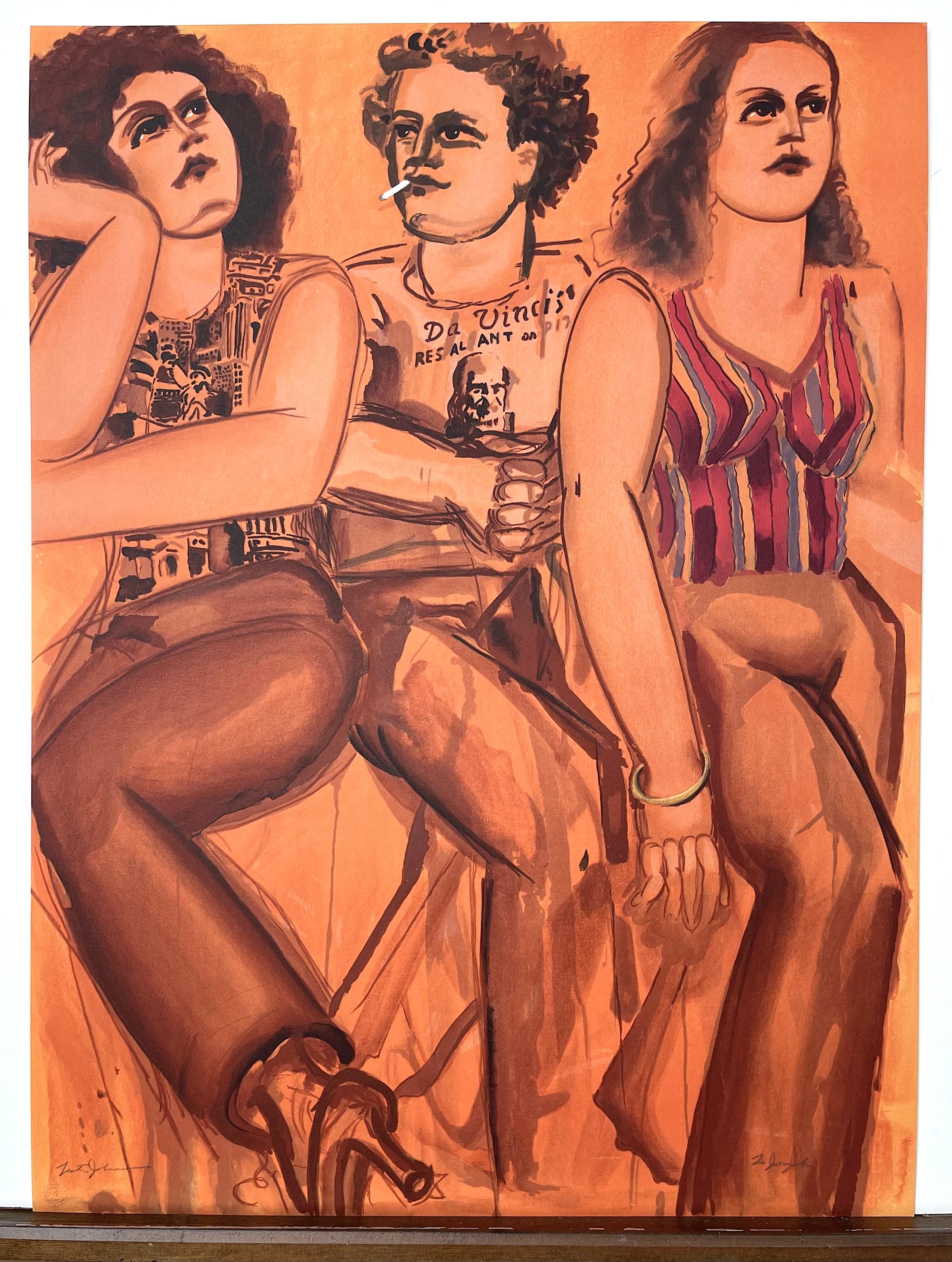 DaVinci Tee Threesome is an original hand drawn lithograph by the NY figurative expressionist painter, Lester Johnson(1919-2010). DaVinci Tee Threesome was printed using hand lithography techniques on archival ARCHES paper 100% acid free, full bleed