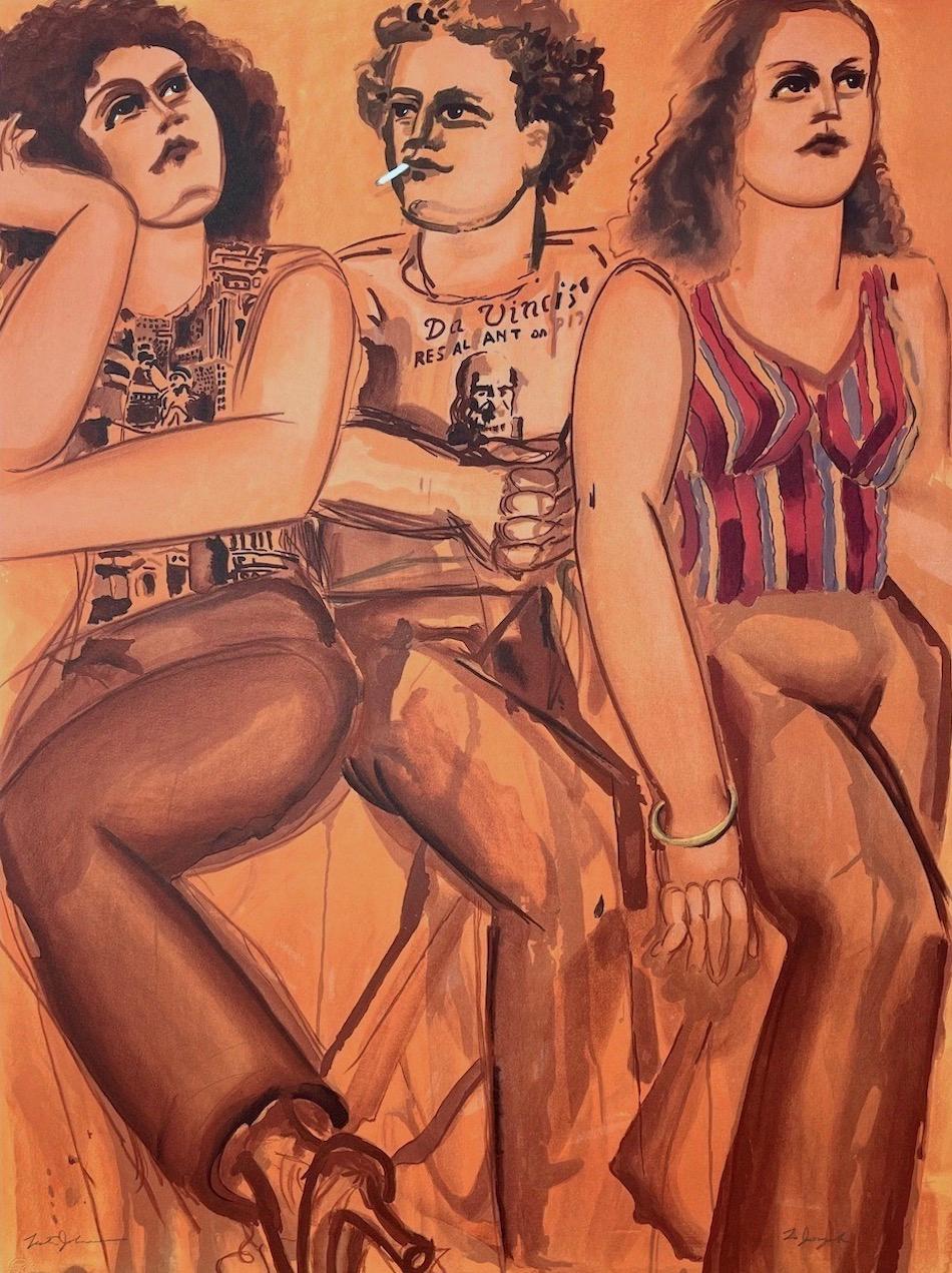 Portrait Print di Lester Johnson - DaVinci Tee Threesome, Litografia firmata, Ritratto di gruppo, Pizza, Arancione, Ruggine